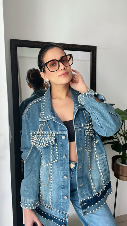 Studded Chain detailed Denim Fall Jacket