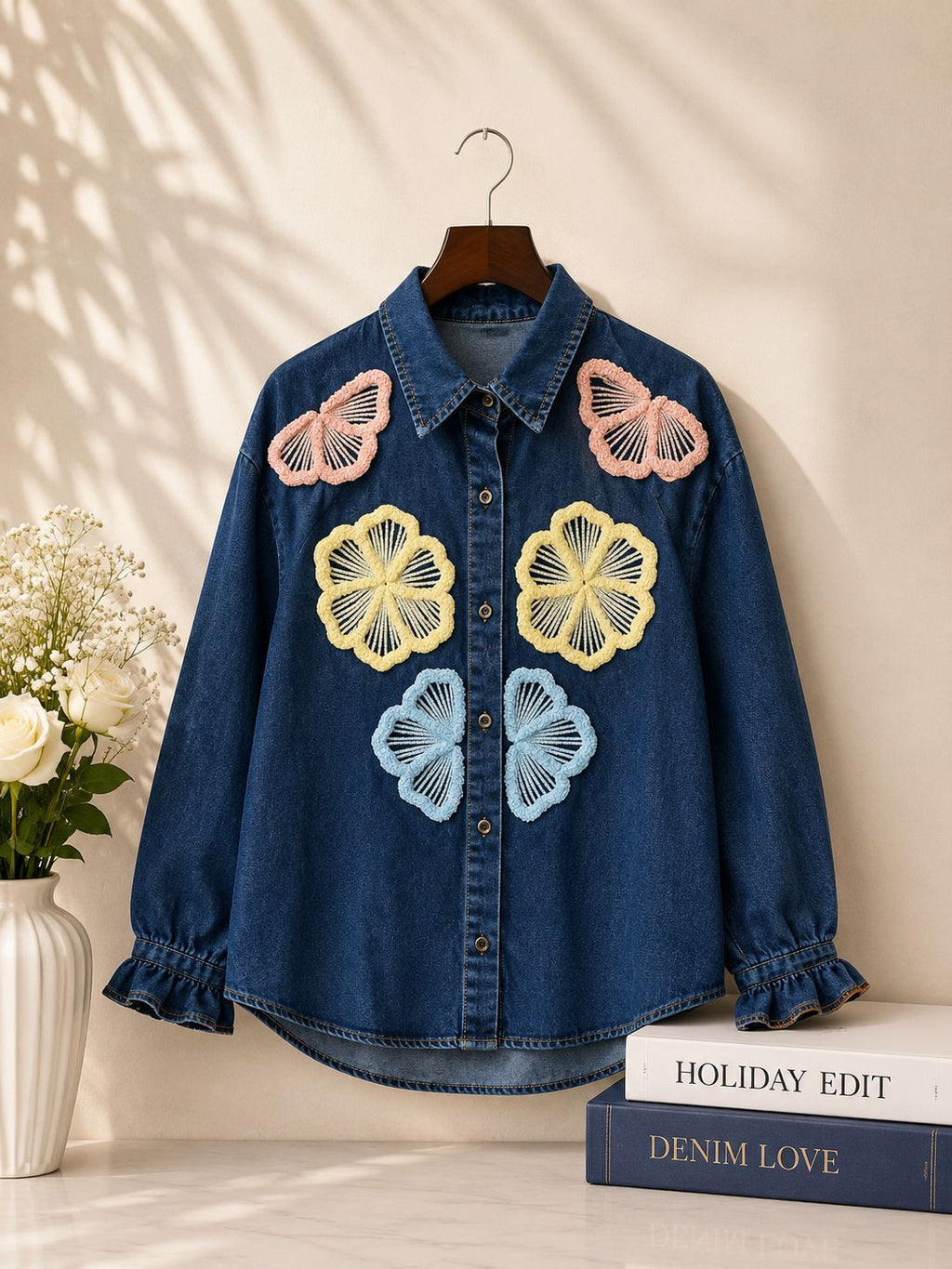 Floral Appliqué Denim Shirt