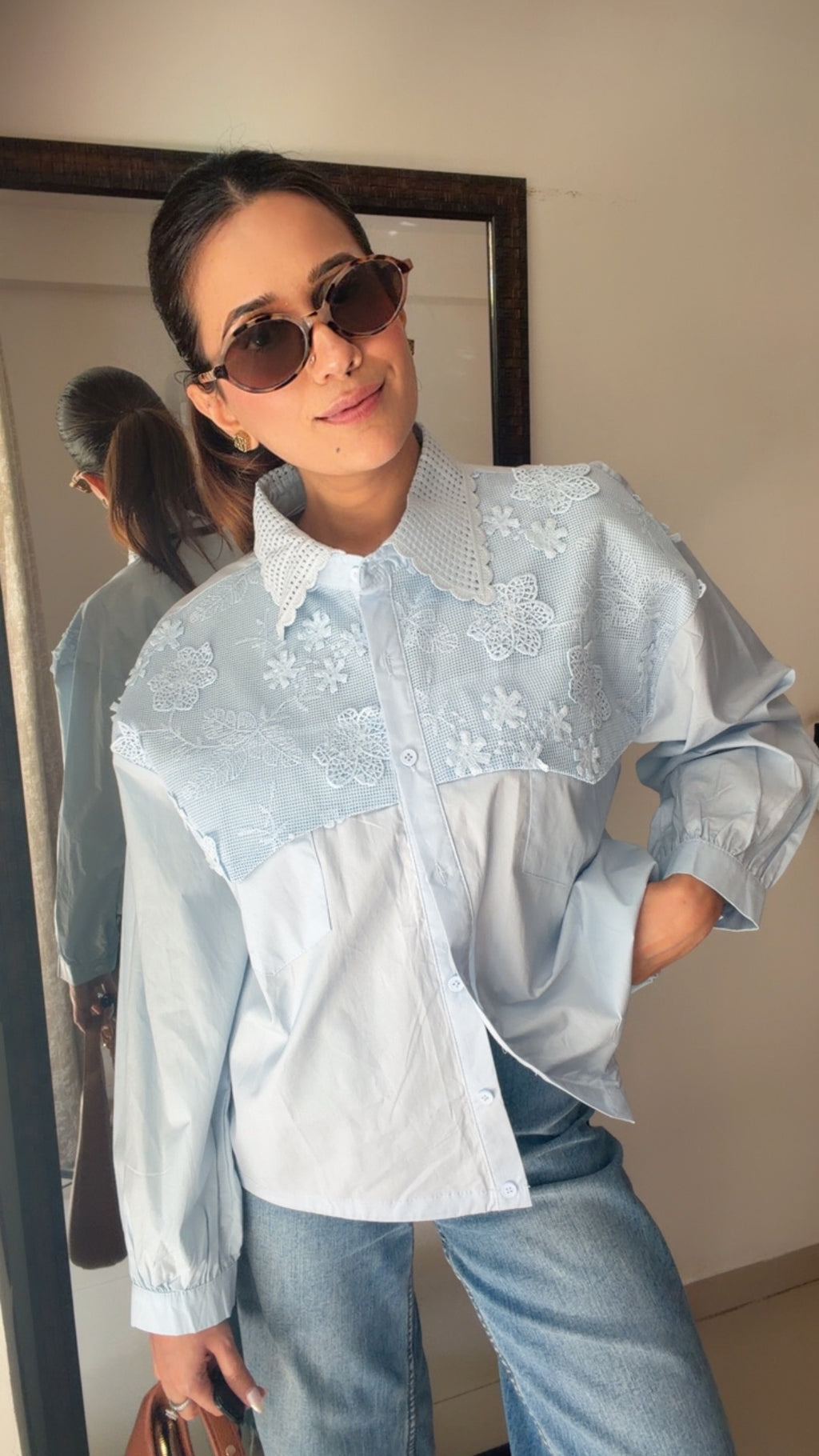 Flower Embedded Poplin Shirr