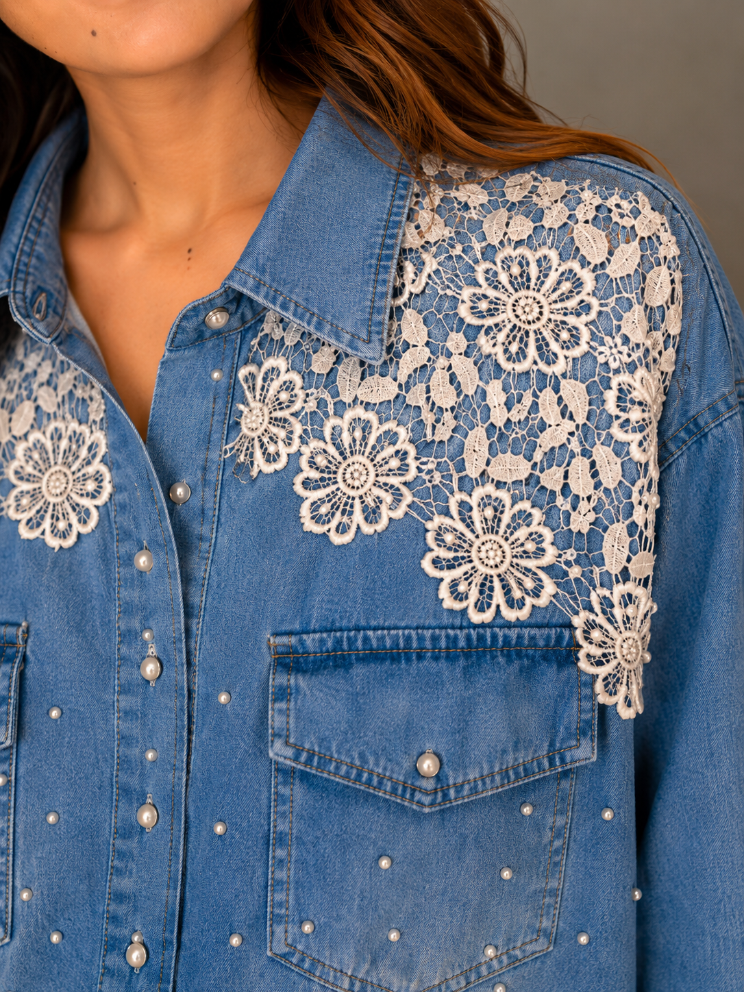 Pearl Detail Lace Denim Shirt