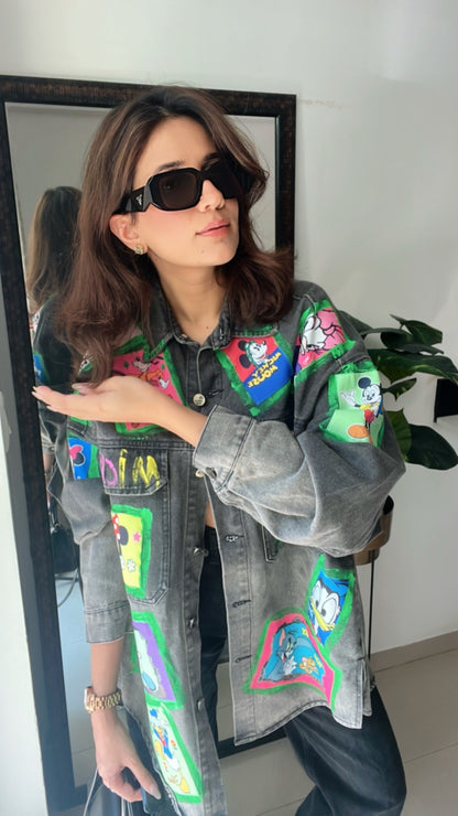 Cartoon Colorblast Oversized Denim Fall Jacket