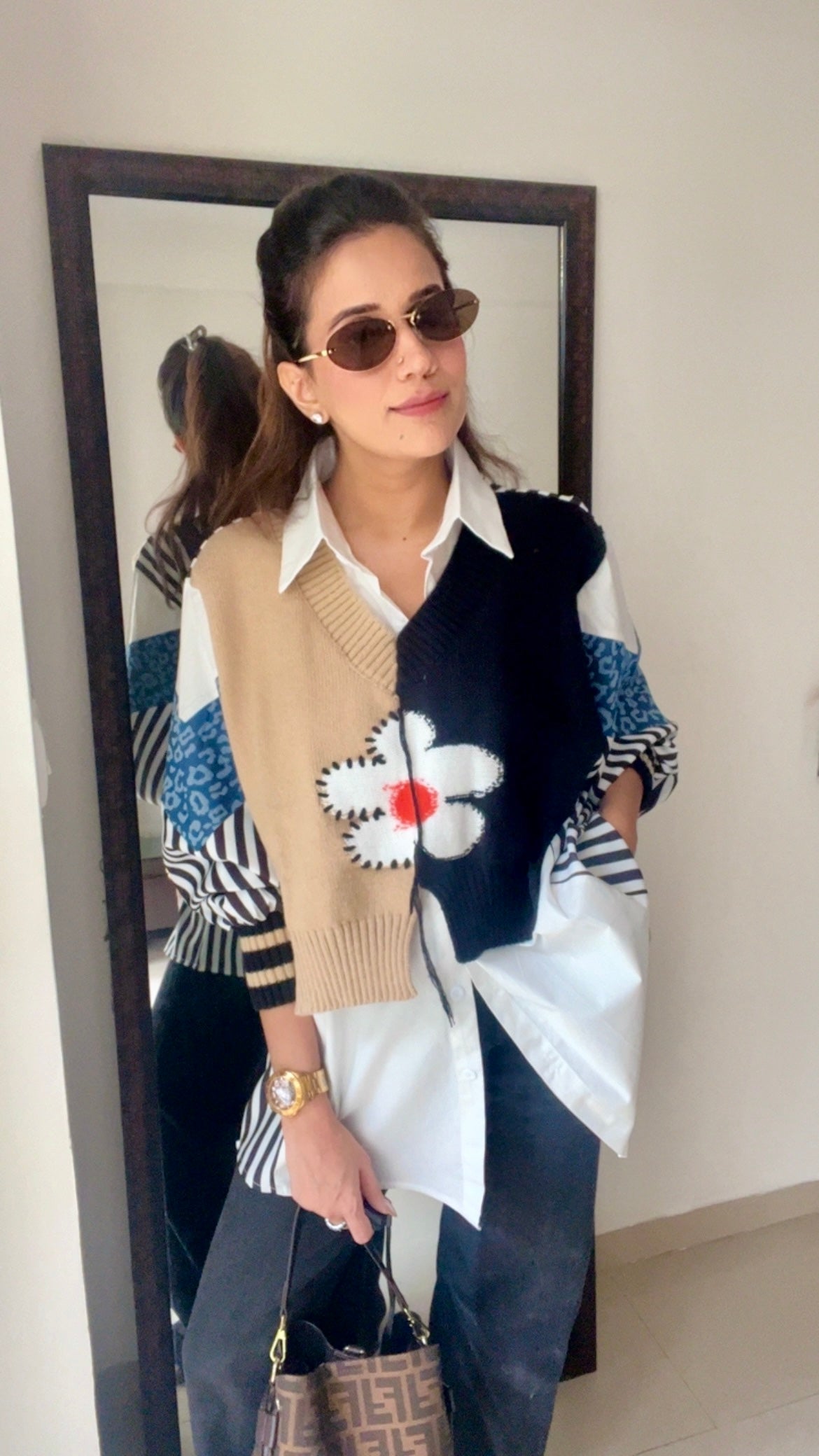 Stripe Knit Vest Poplin Fall Shirt