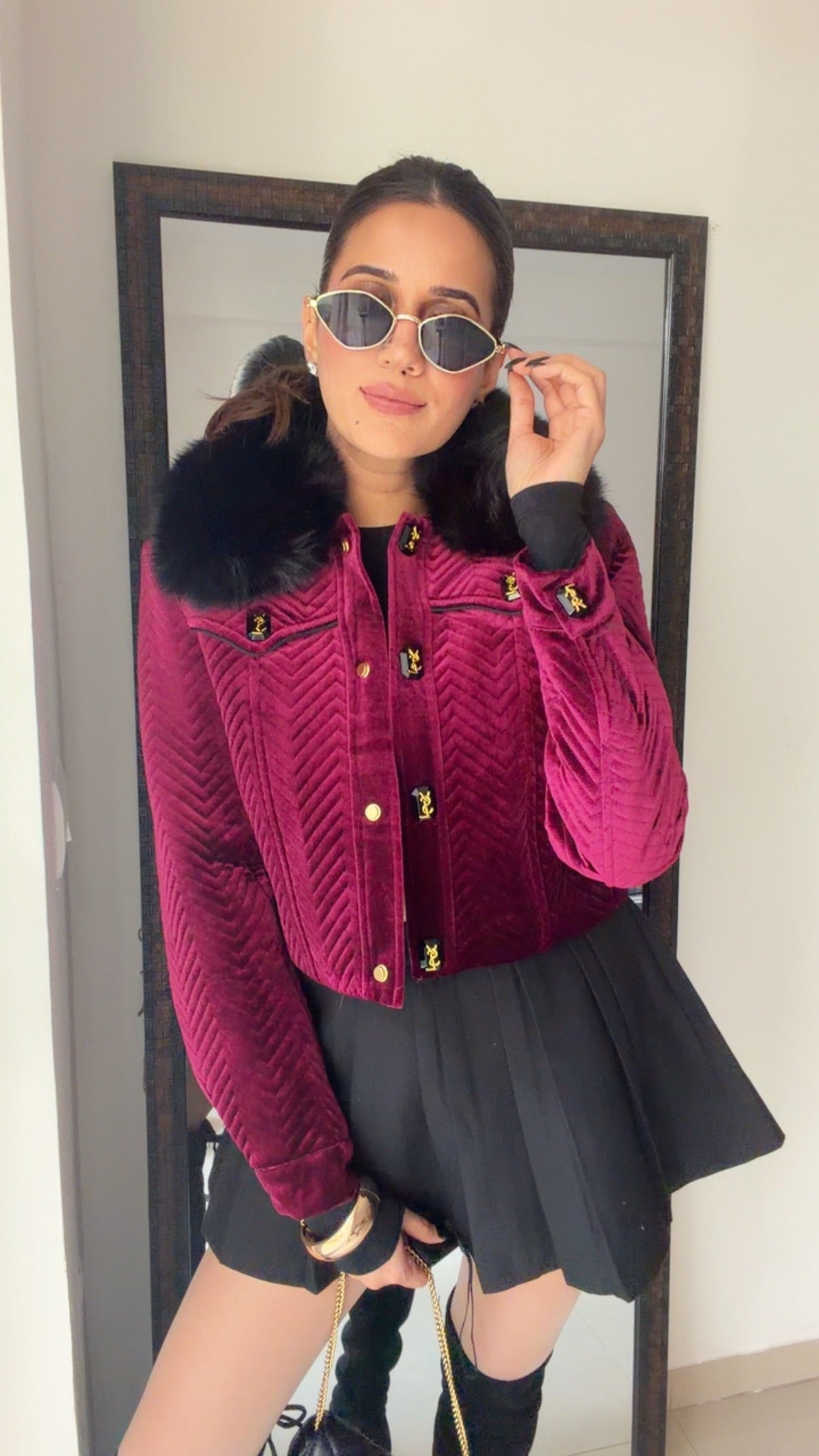 Fall Quilted Velvet Jacket with Faux Fur Collar