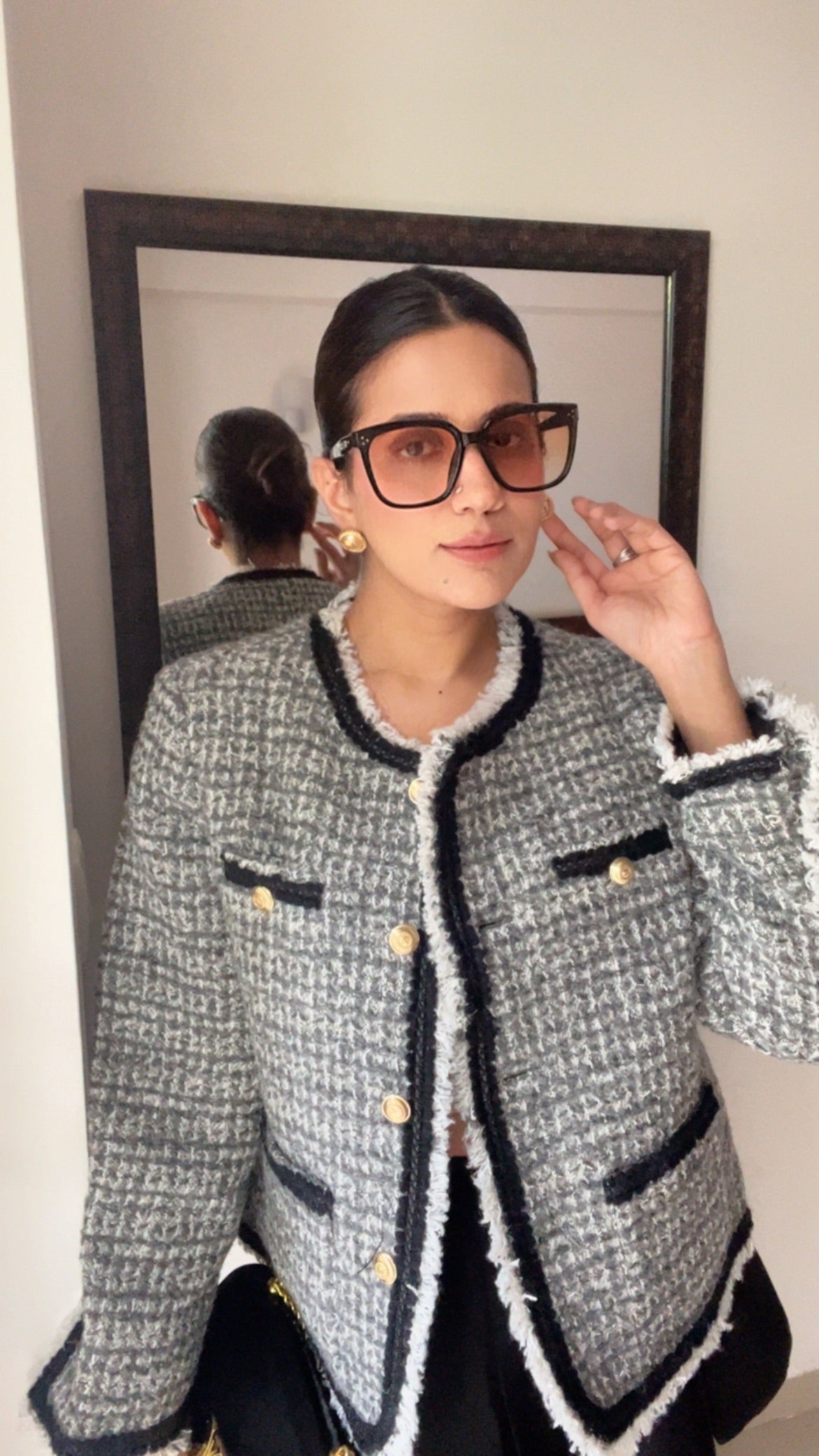 Monochrome Textured Fall Tweed Jacket