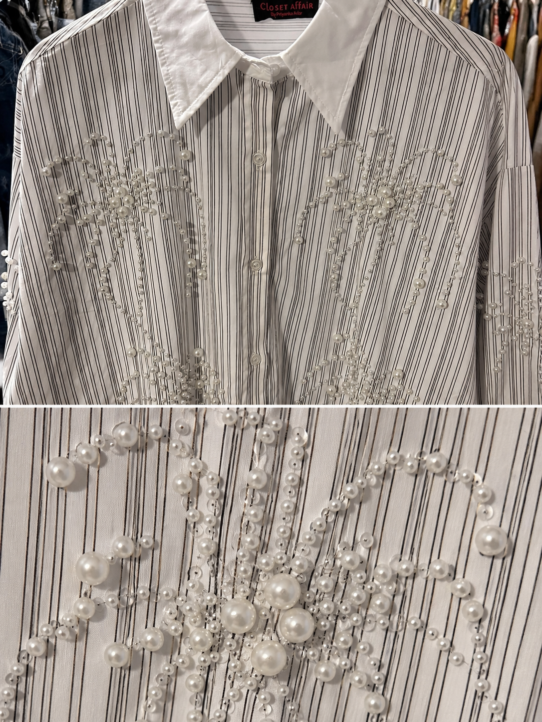 Pinstripe Pearl Detailed Poplin Shirt