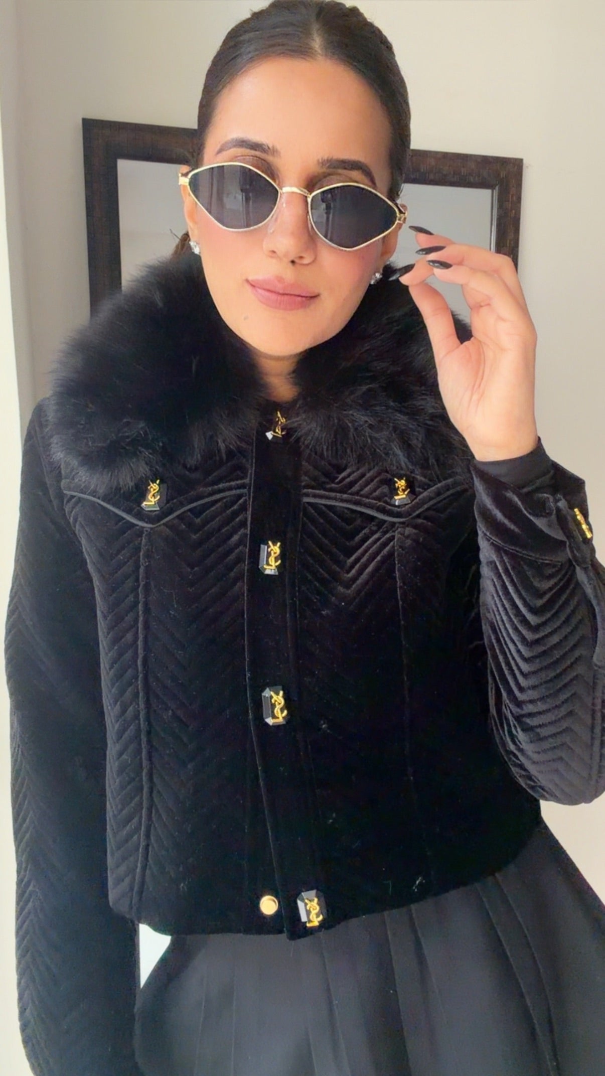 Fall Quilted Velvet Jacket with Faux Fur Collar