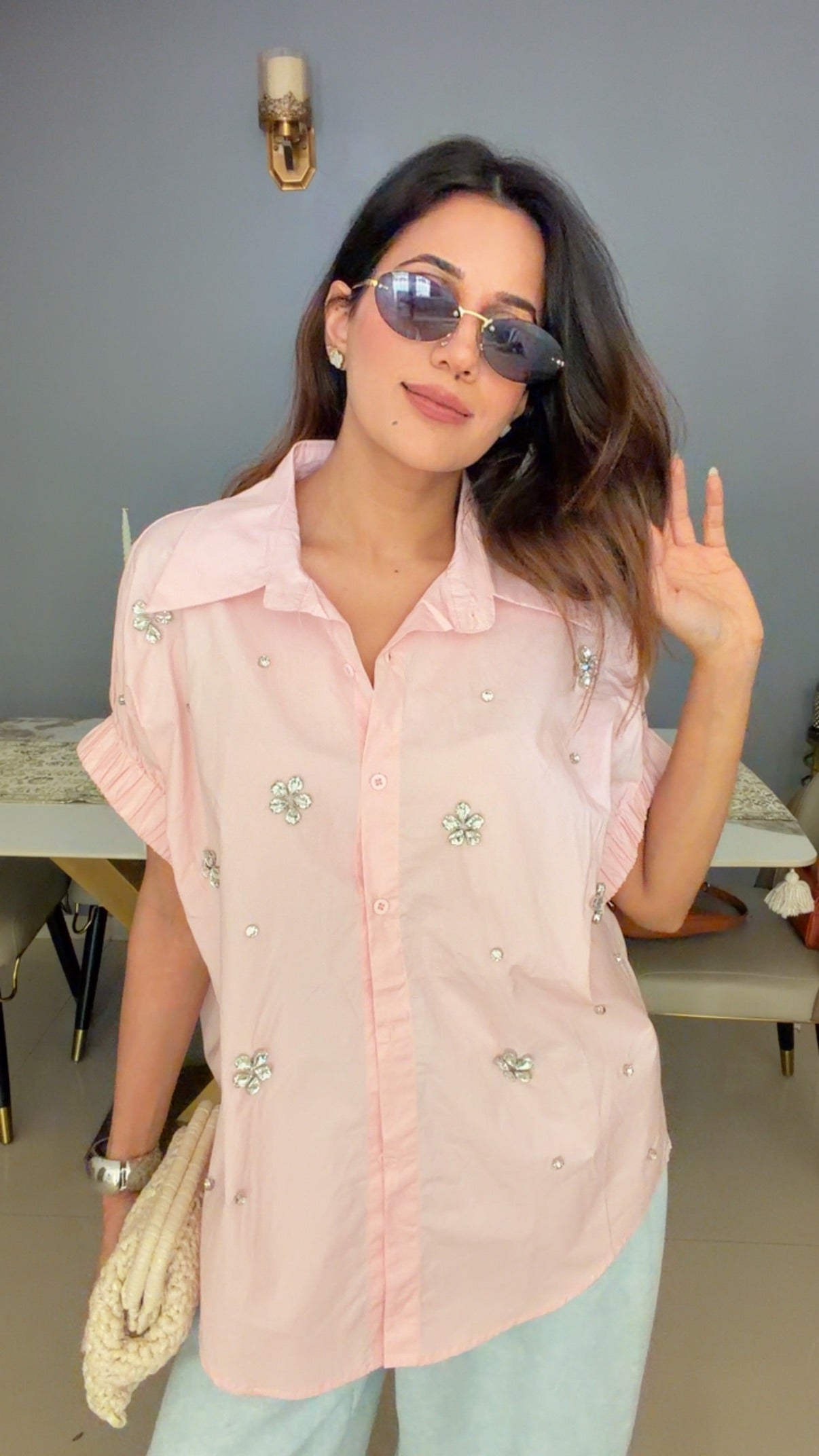 Embellished Ruched Sleeve Statement Top