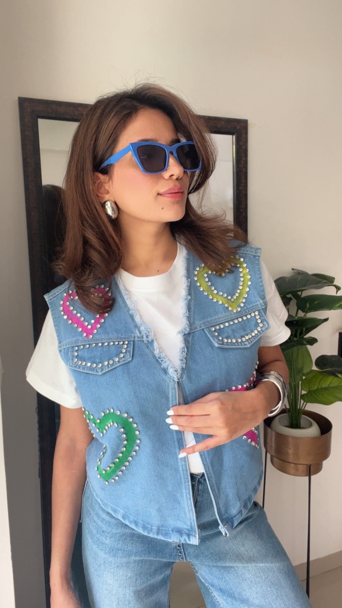 Multi Color Studded Heart Denim Fall Vest