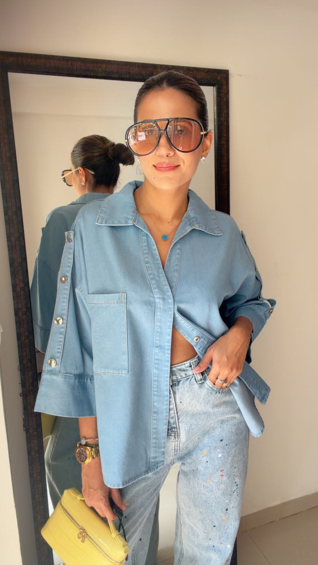 Washed Denim Oversized Shirt with Studded Sleeves