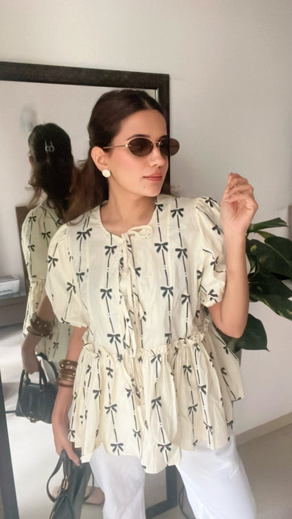 Bow Tie knot Poplin Peplum Top