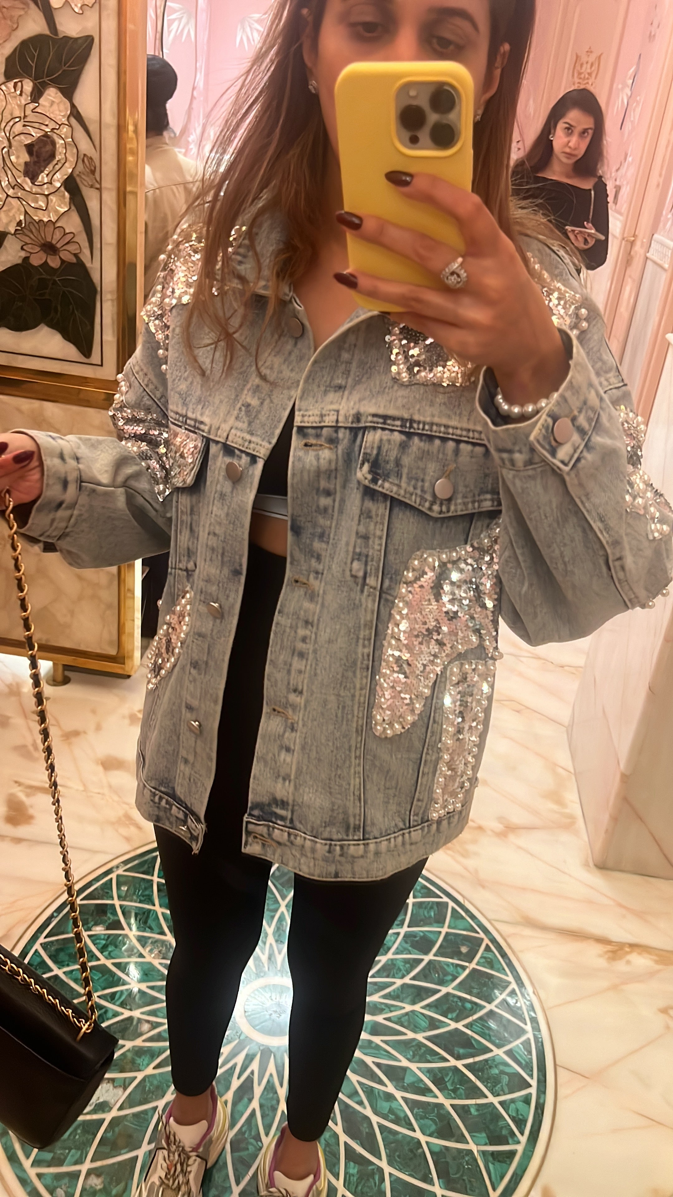 Sequin and Pearl Embellished Fall Denim Jacket