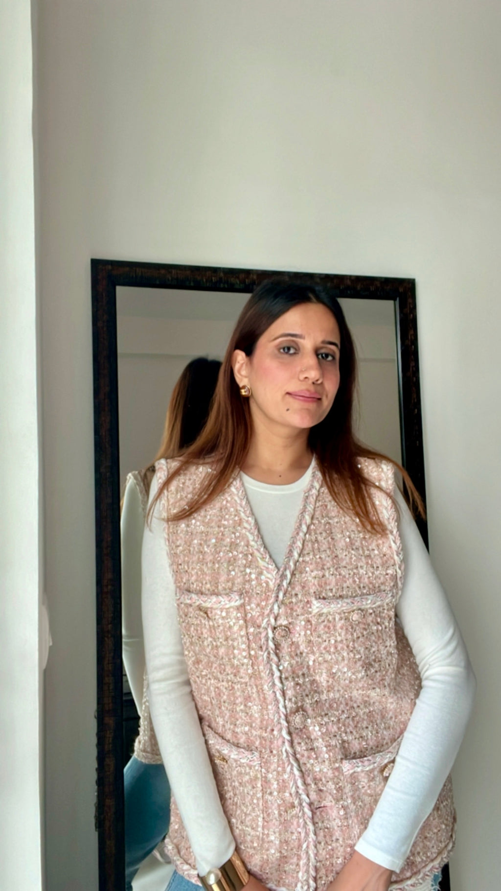 Pink Knotted Tweed Fall Vest