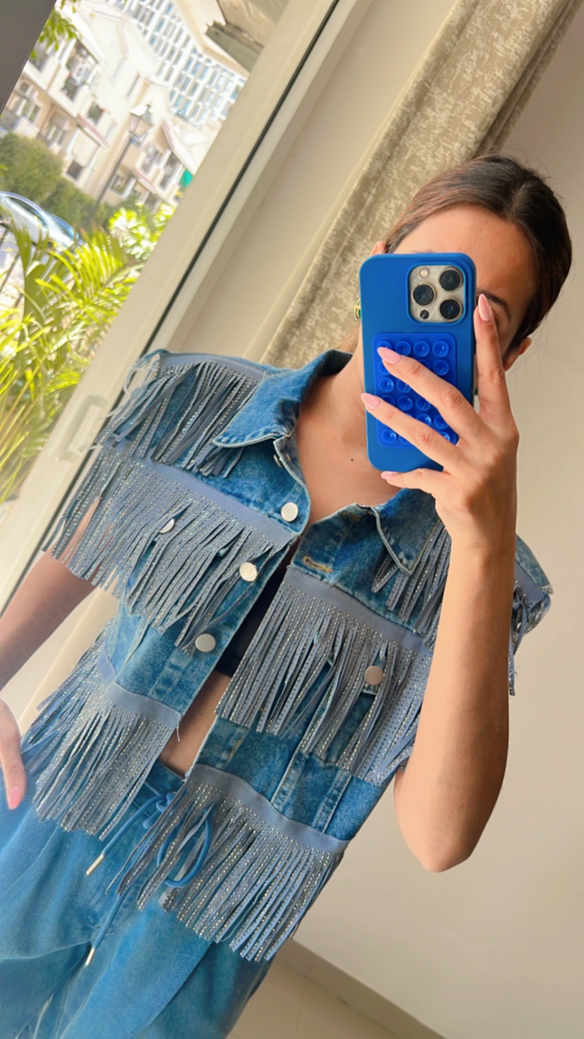 Fringe Swarovski Studded Denim Fall Jacket