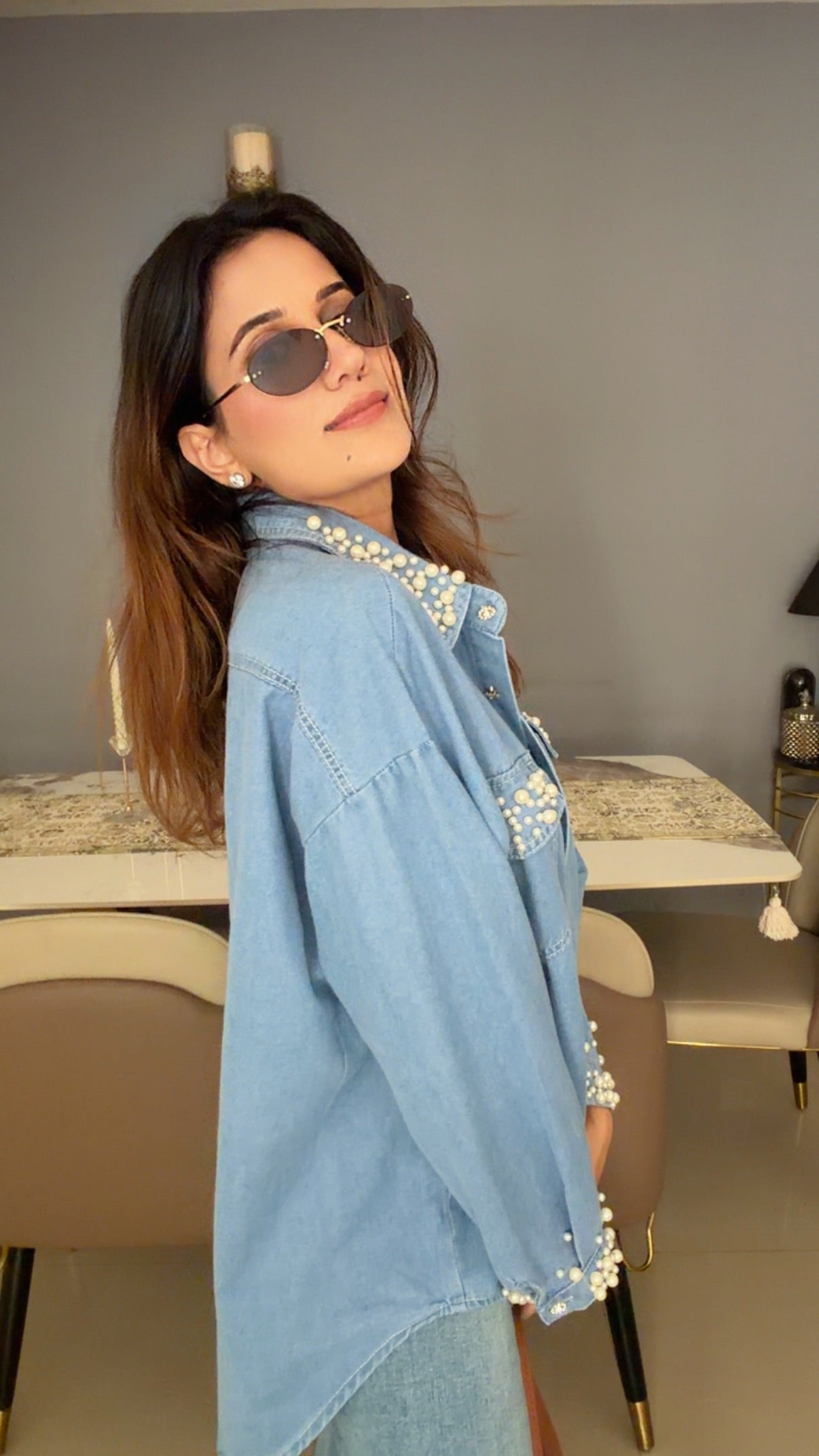 Pearl Embedded Denim Shirt