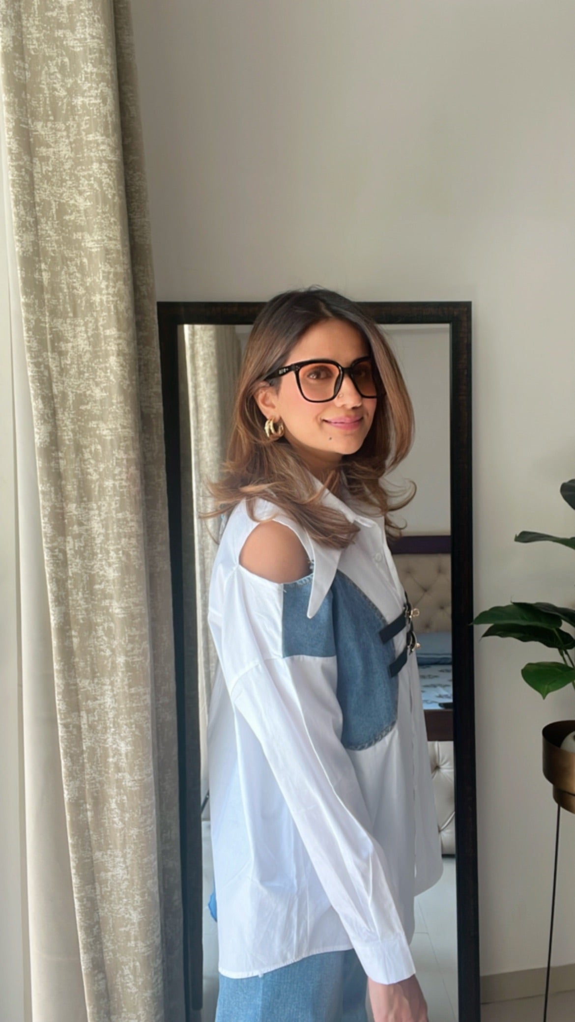 Denim Shoulder Cut Belt detailed Poplin Shirt