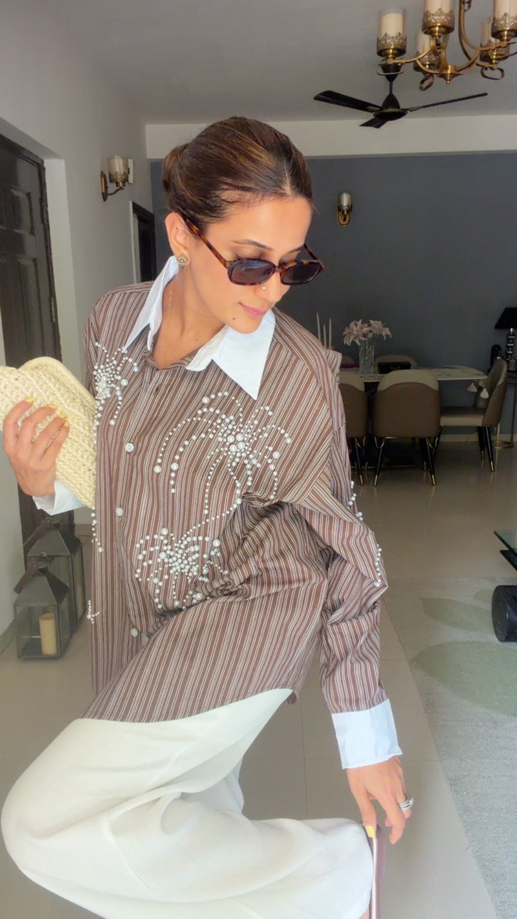 Pinstripe Pearl Detailed Poplin Shirt