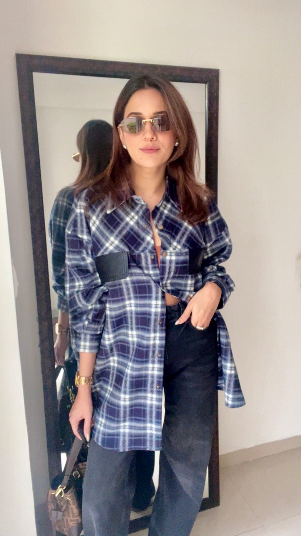 Plaid Leather Pocket Fall Shirt