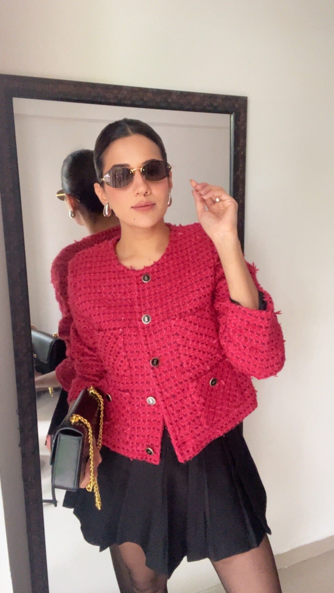 Red Textured Tweed Fall Jacket