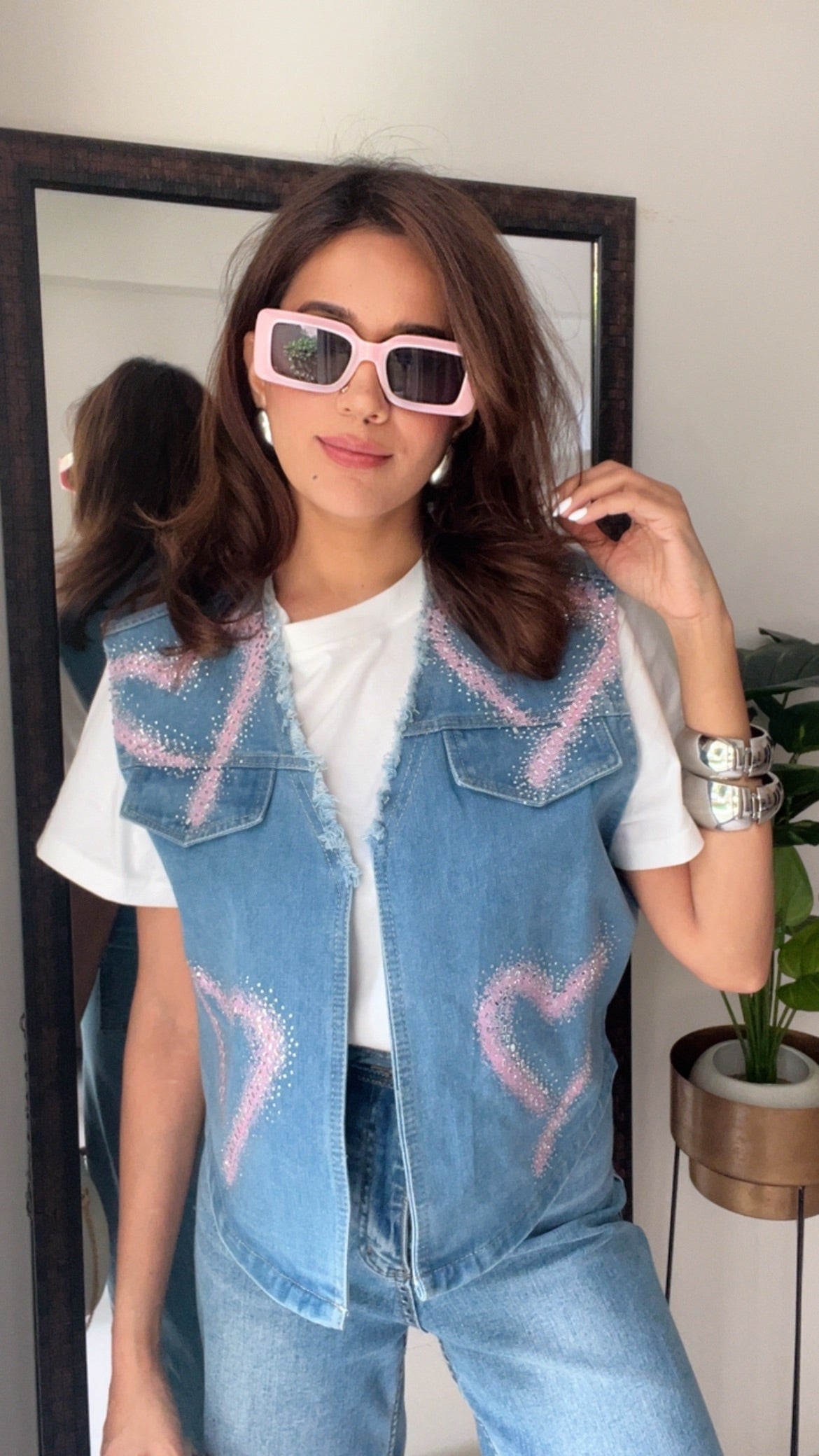 Pink Heart Swarovski Denim Fall Vest