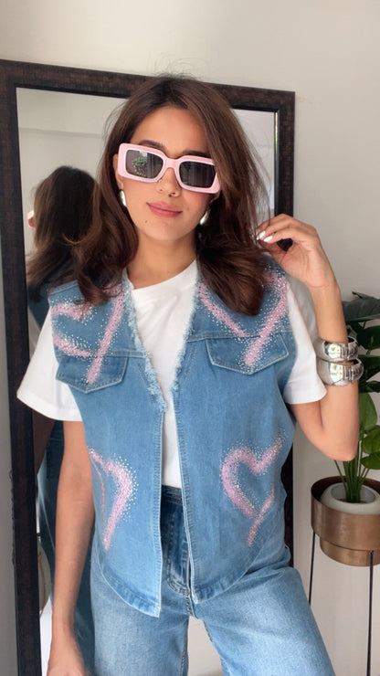 Pink Heart Swarovski Denim Fall Vest