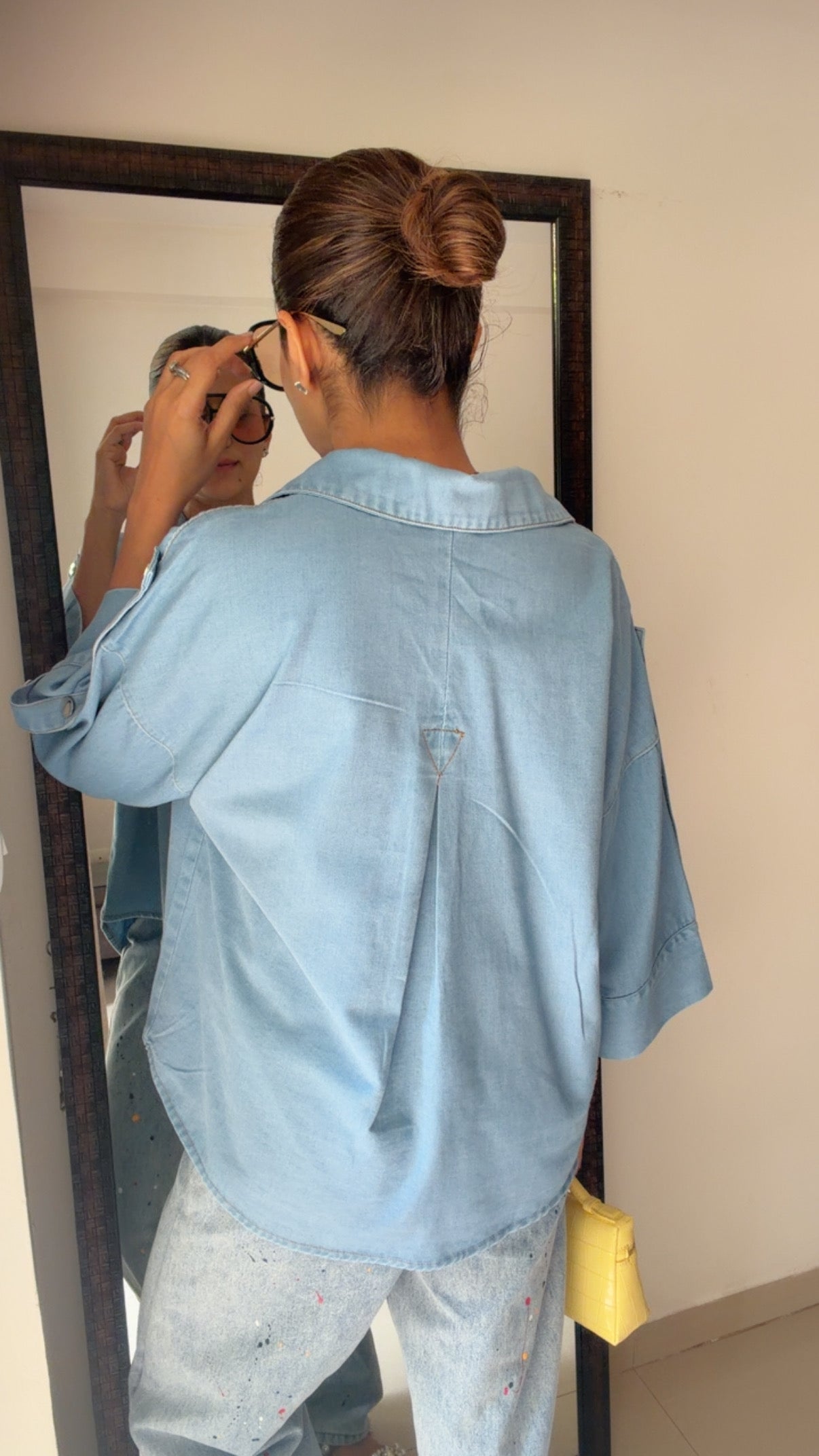 Washed Denim Oversized Shirt with Studded Sleeves