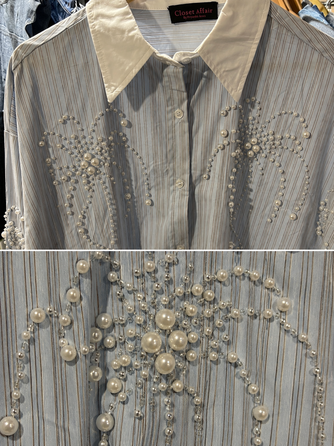 Pinstripe Pearl Detailed Poplin Shirt
