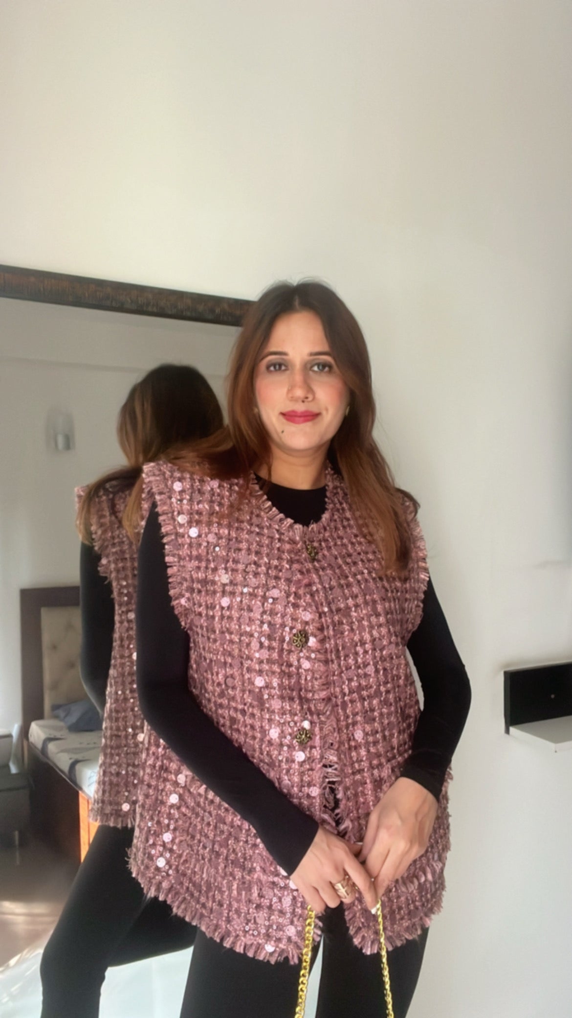 Sequin Embedded Tweed Fall Vest