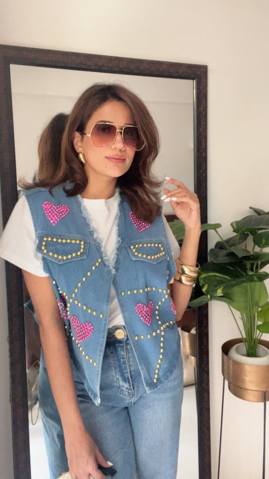 Gold Metal Pink Heart Denim Fall Vest