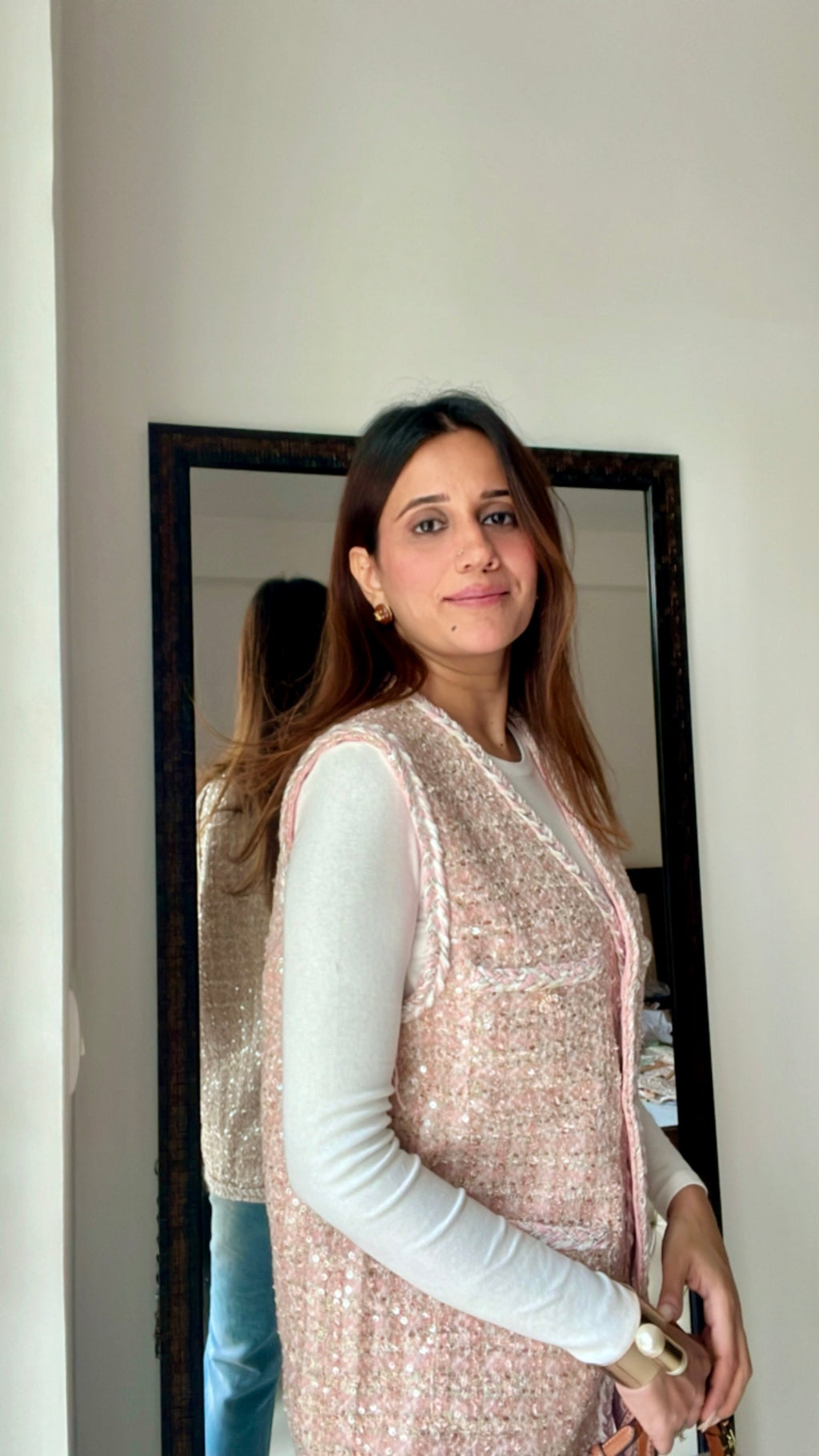 Pink Knotted Tweed Fall Vest