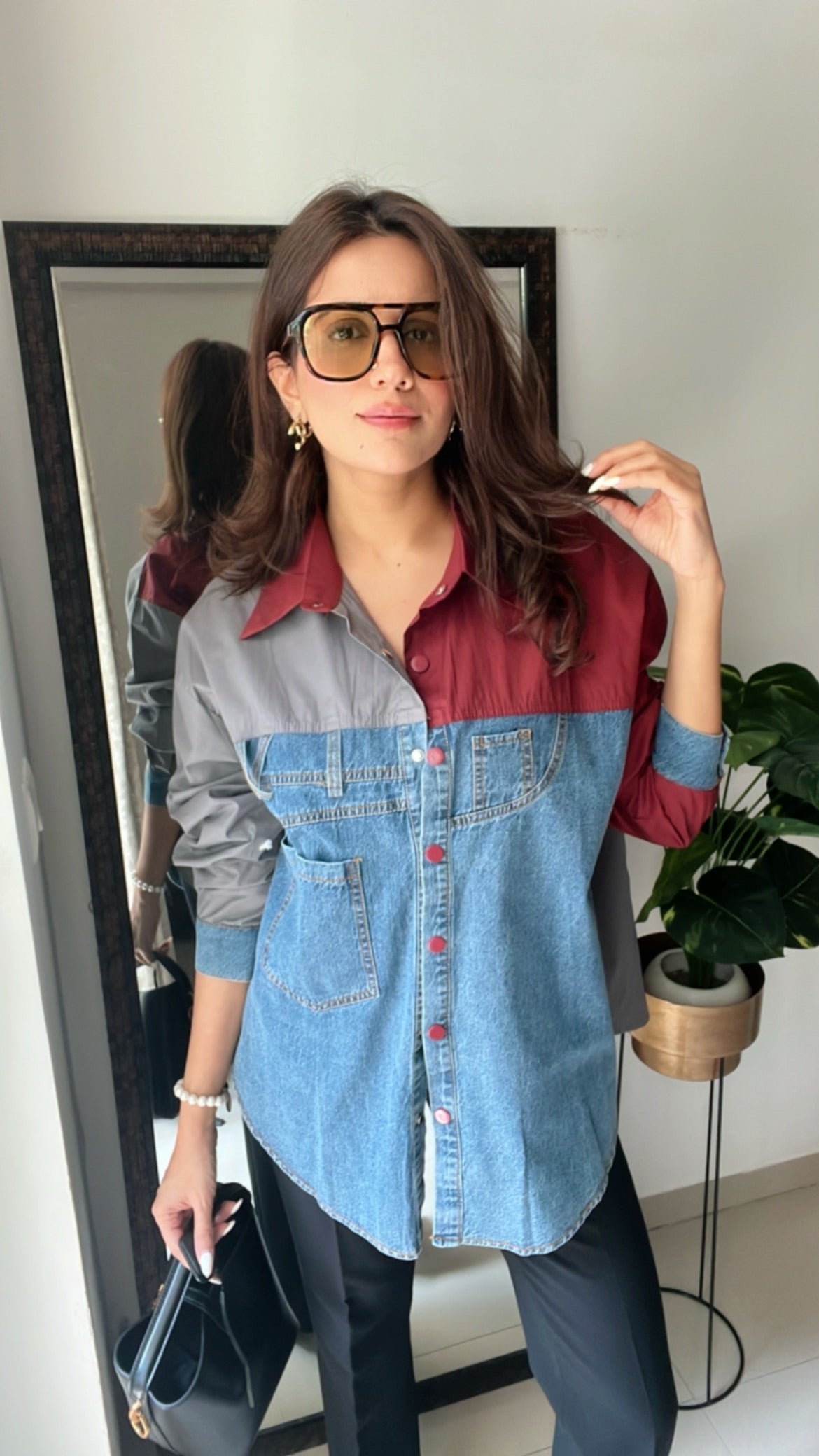 Color Block Denim Poplin Shirt