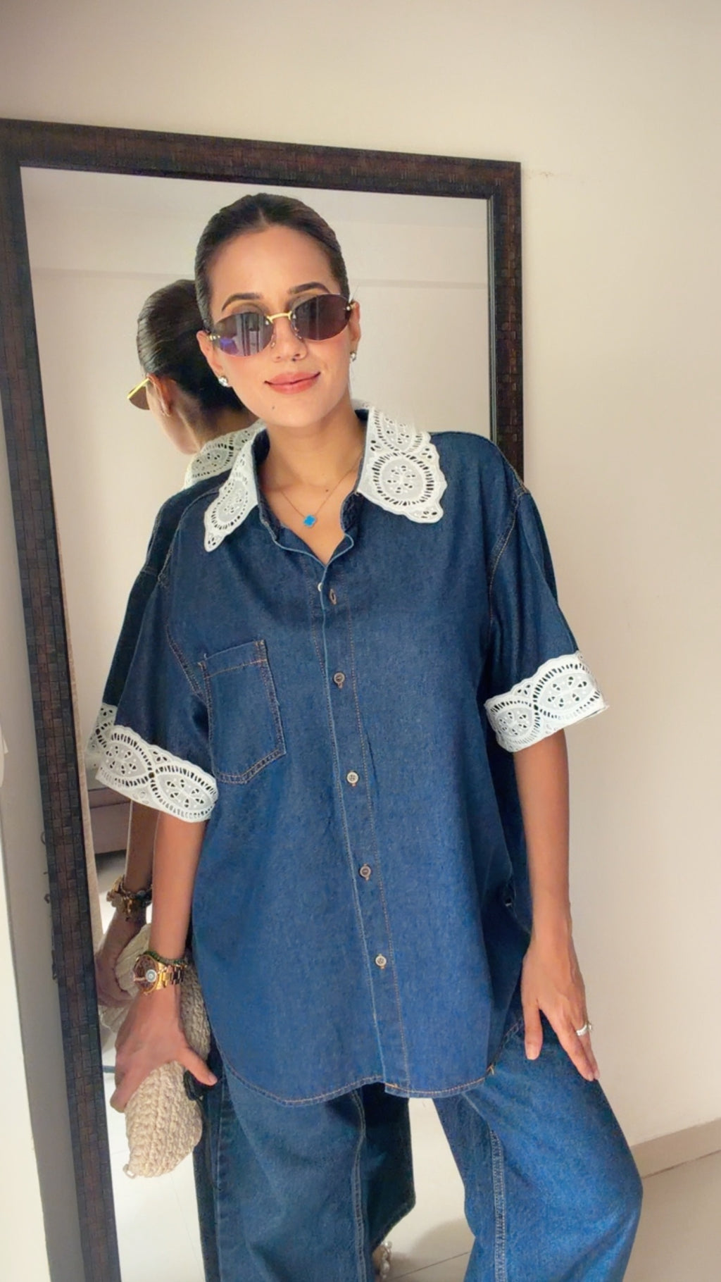 Lace Trim Denim Shirt