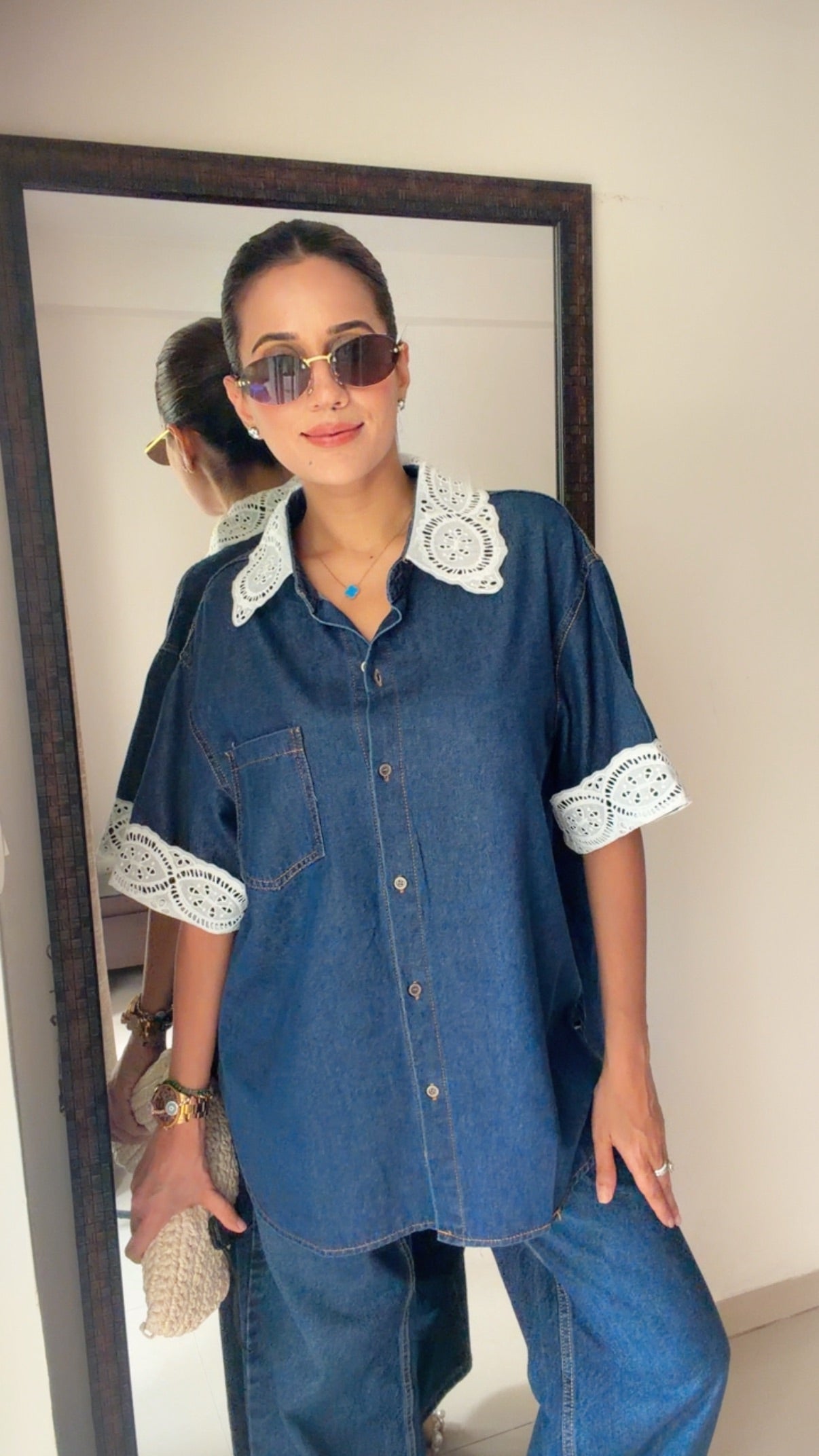 Lace Trim Denim Shirt