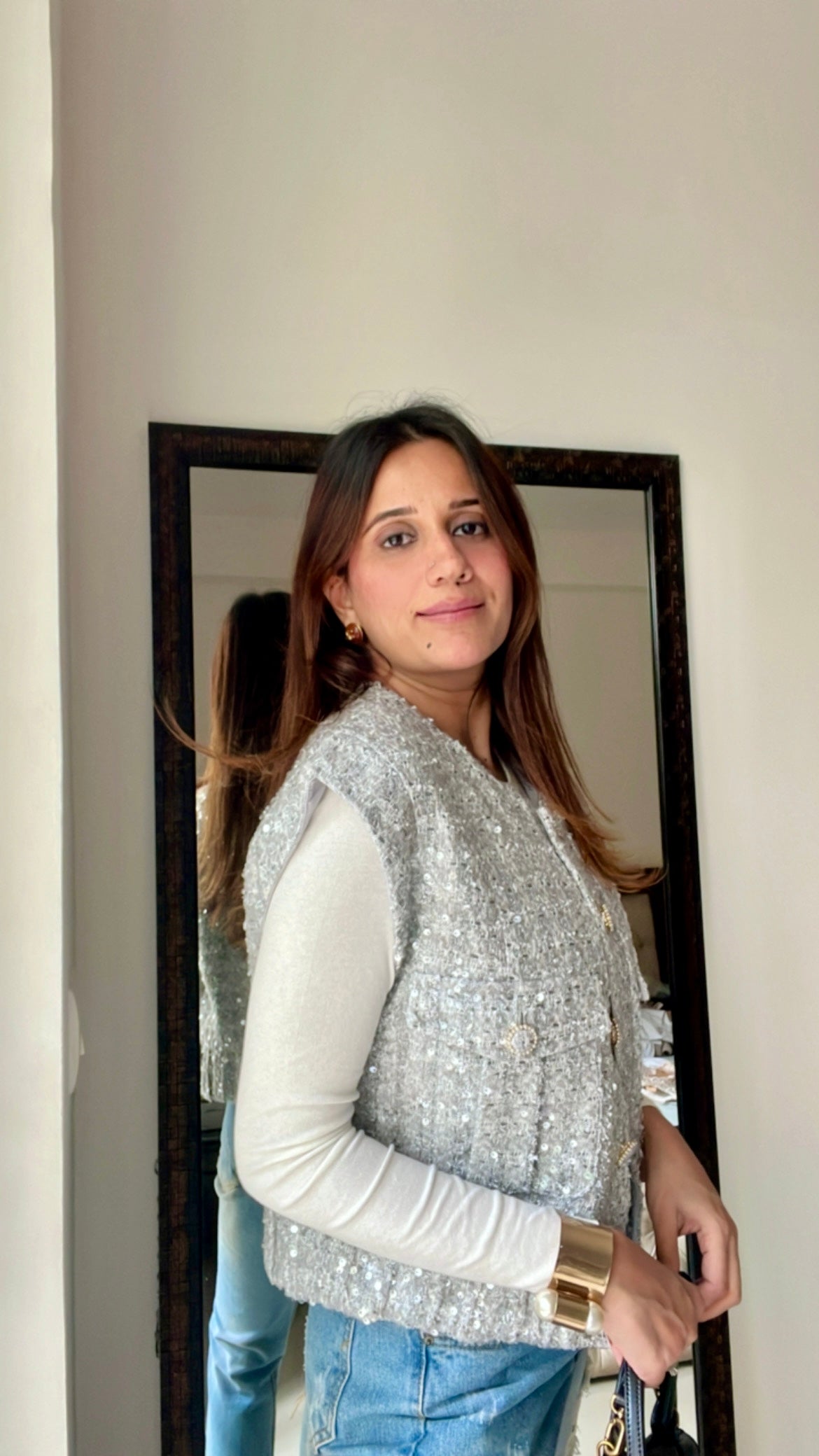 Sequin Embedded Cap sleeves Tweed Fall Vest