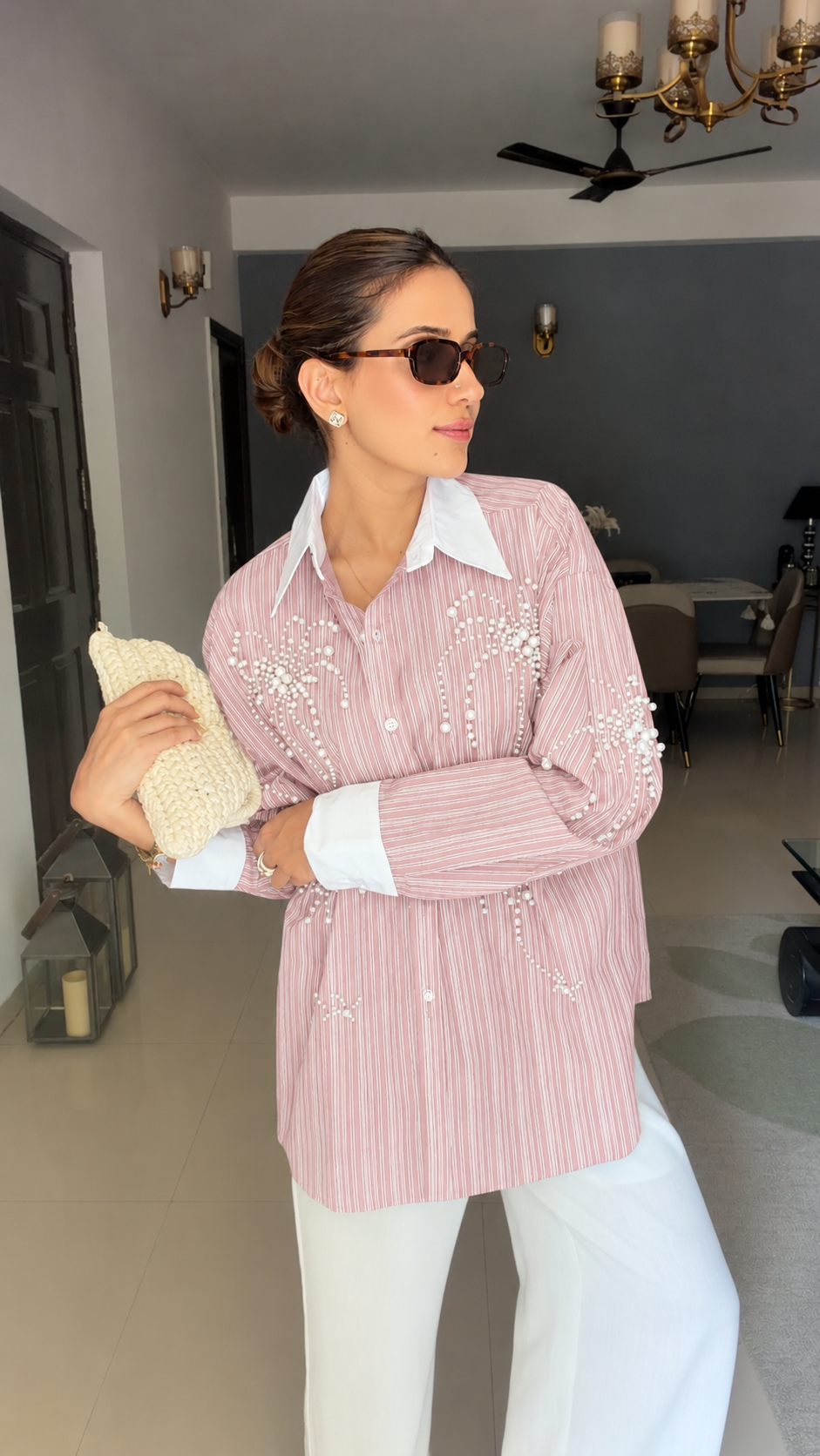 Pinstripe Pearl Detailed Poplin Shirt