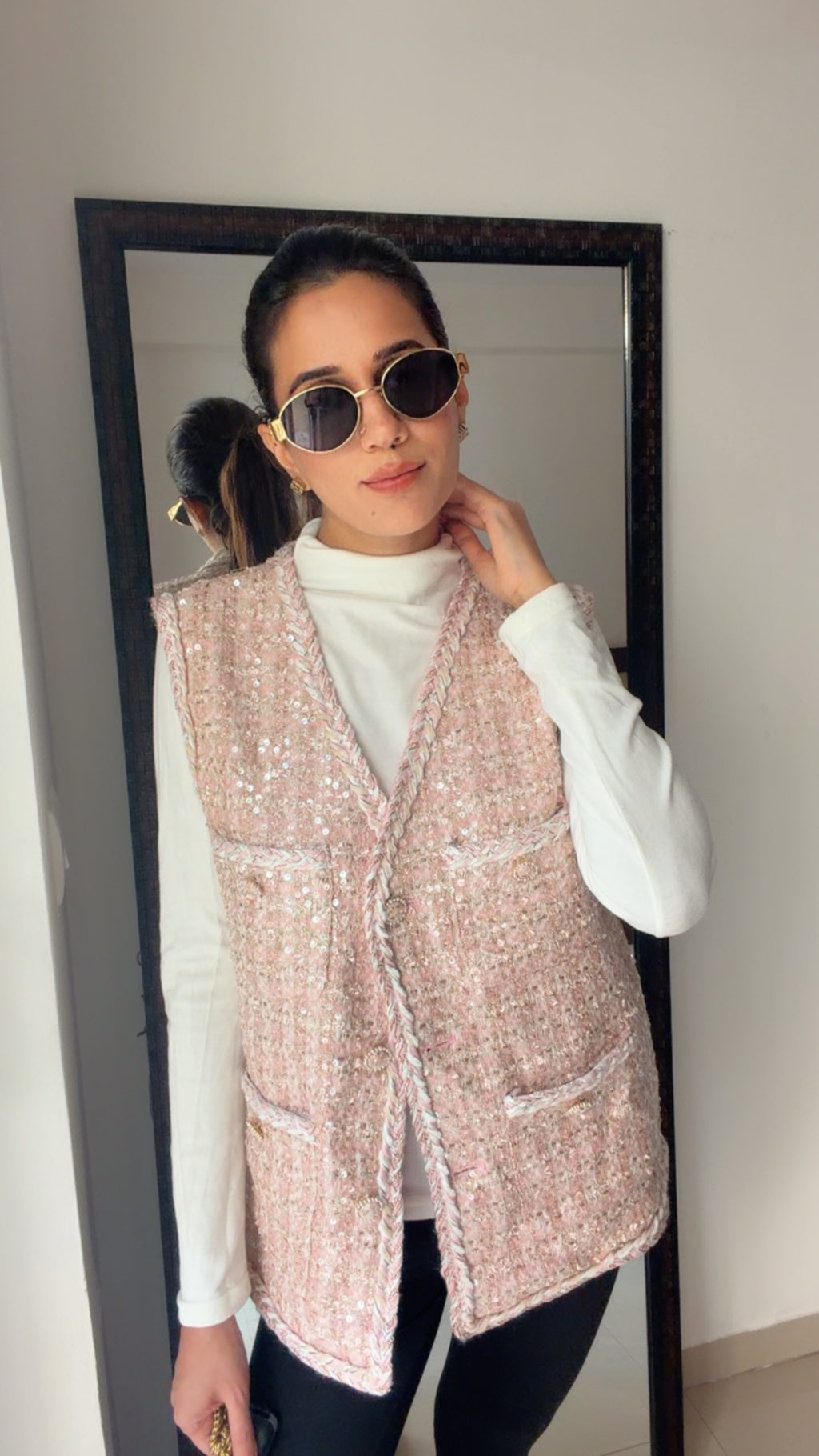 Sequin Plaid Tweed Fall Vest