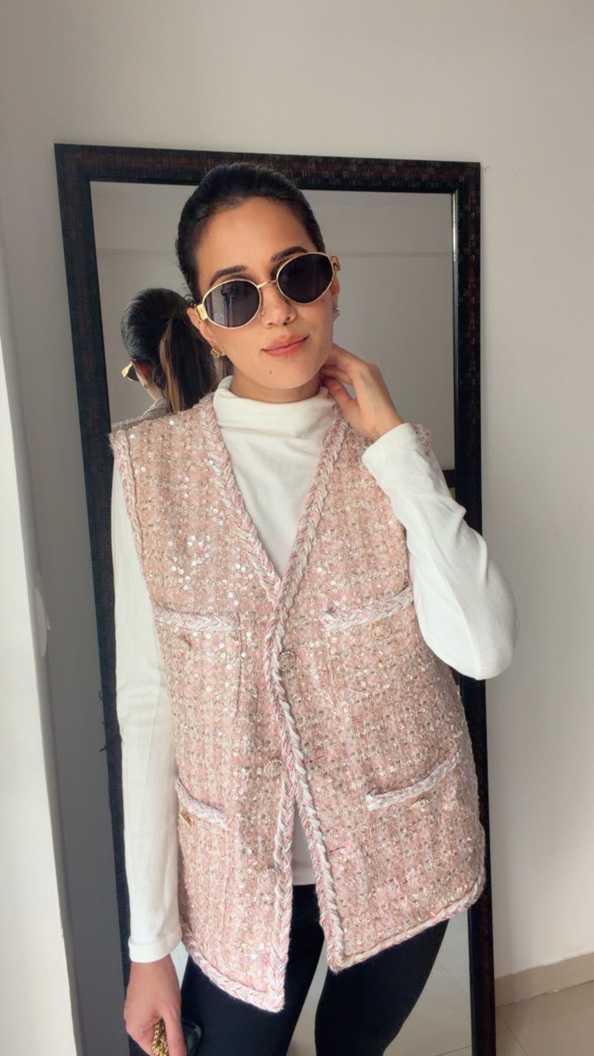 Sequin Plaid Tweed Fall Vest