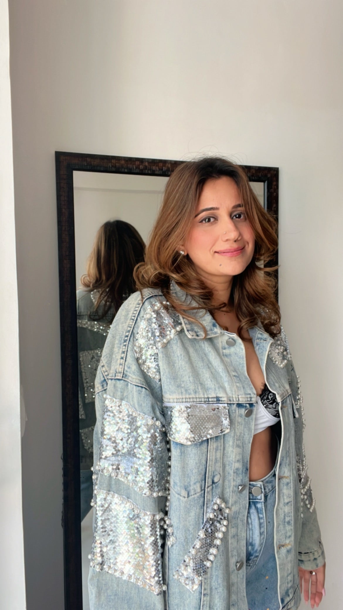 Sequin Patched Denim Fall Jacket