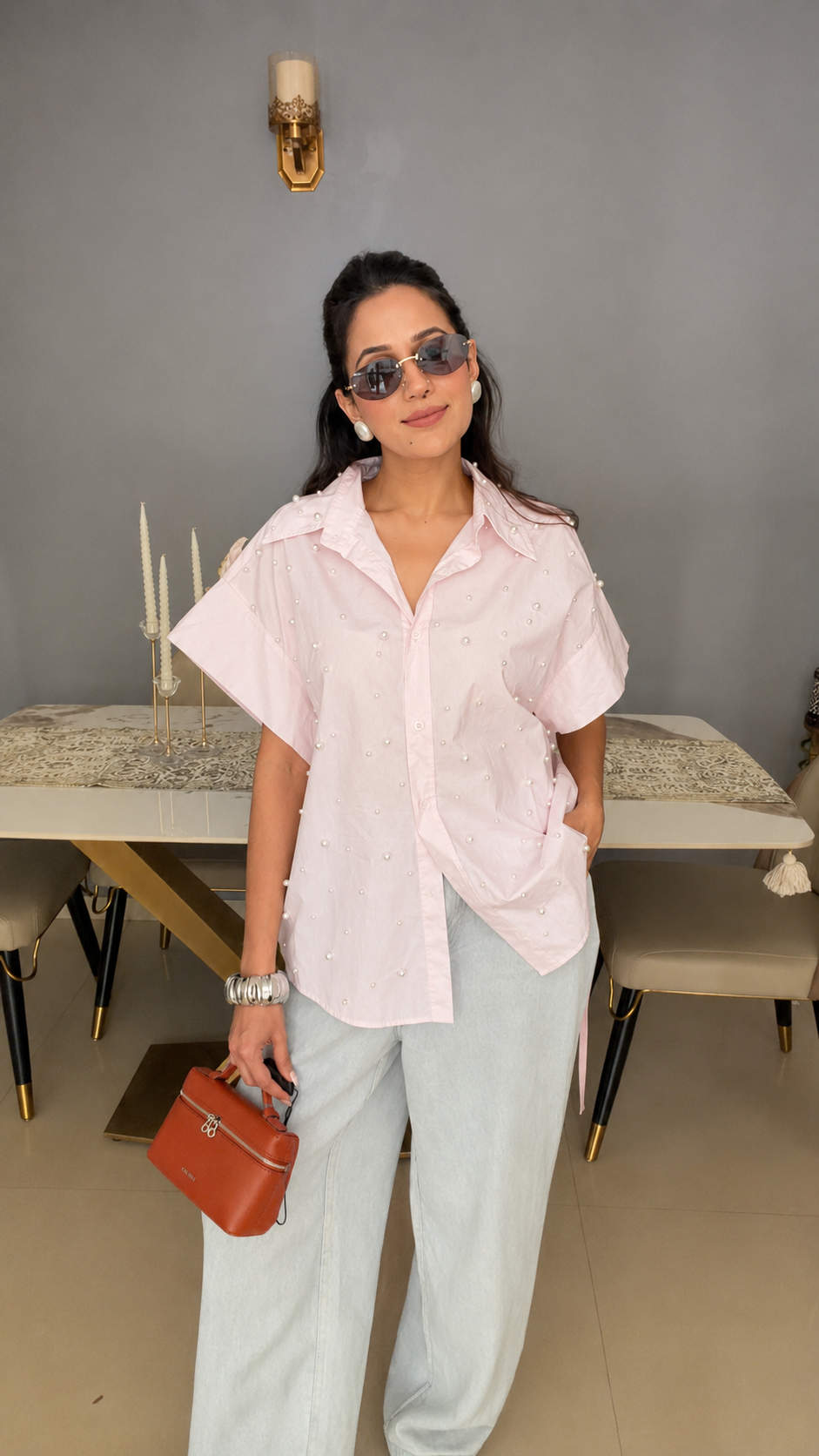 Oversized Pearl Embedded Poplin Shirt