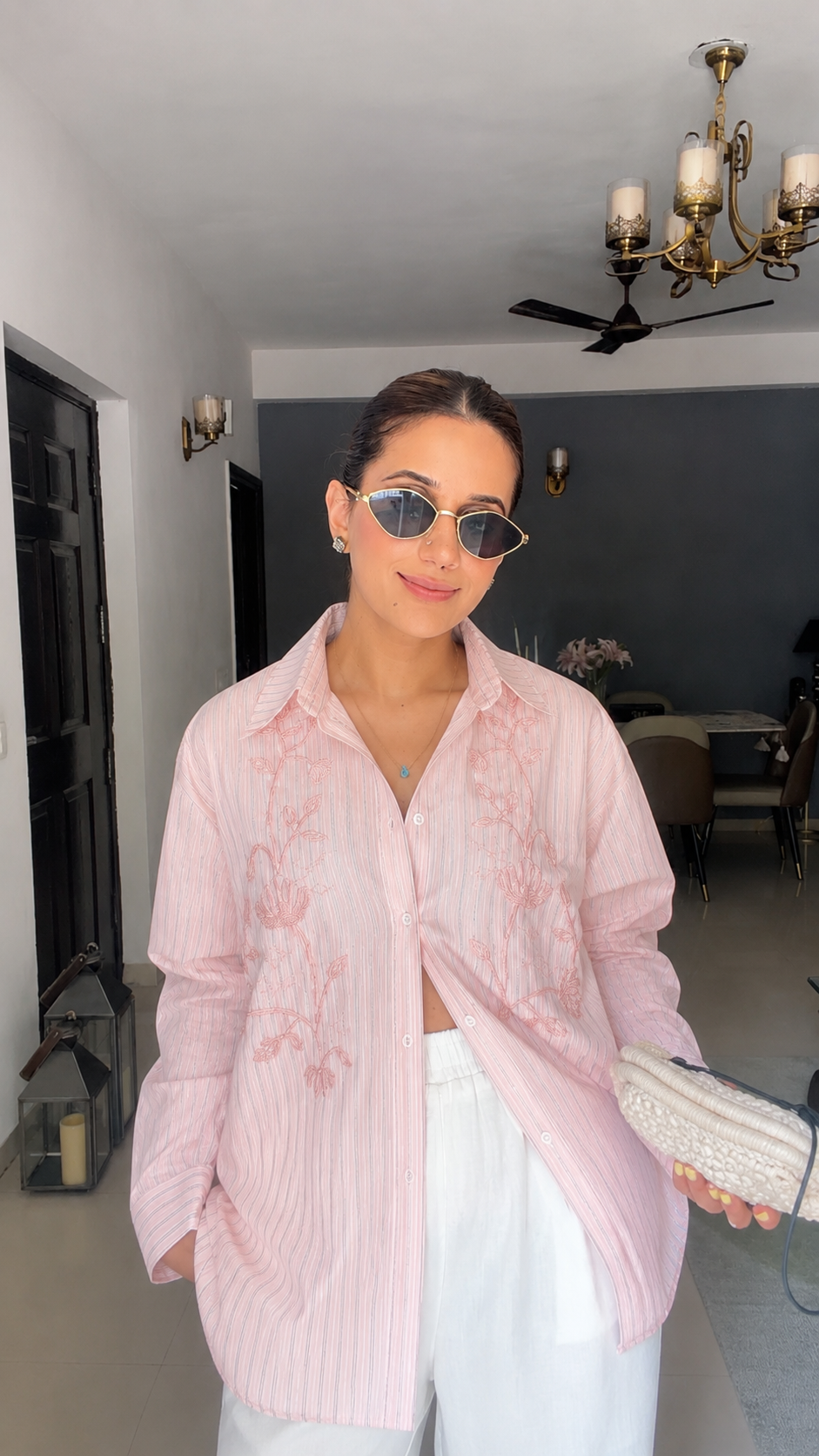 Stripe Floral Embroidered Shirt