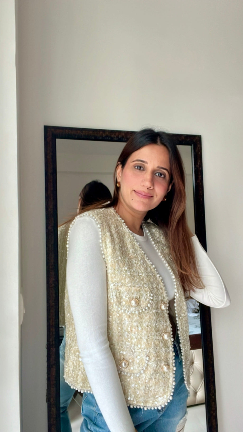 Pearl Embellished Tweed Fall Vest