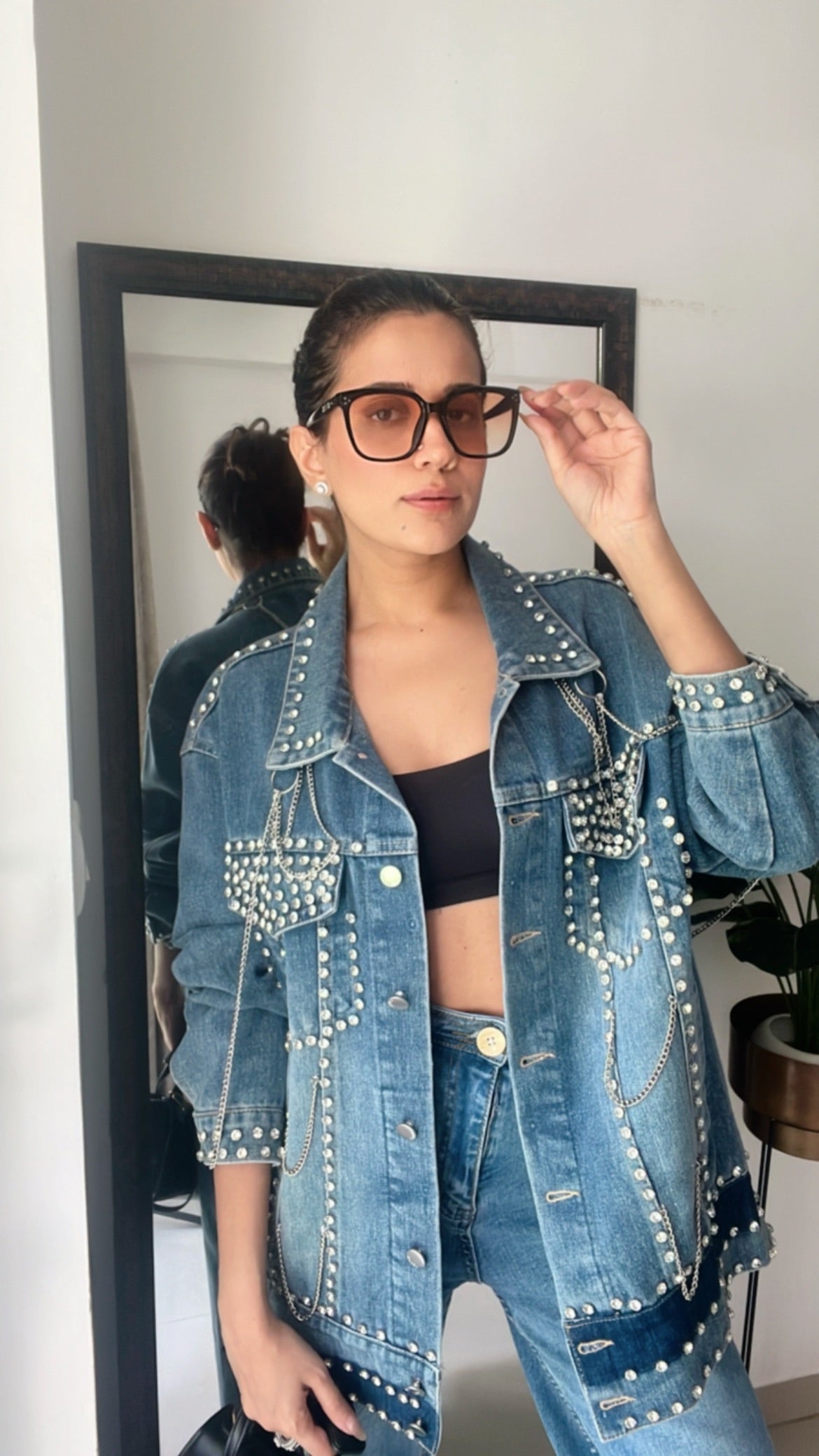 Studded Chain detailed Denim Fall Jacket