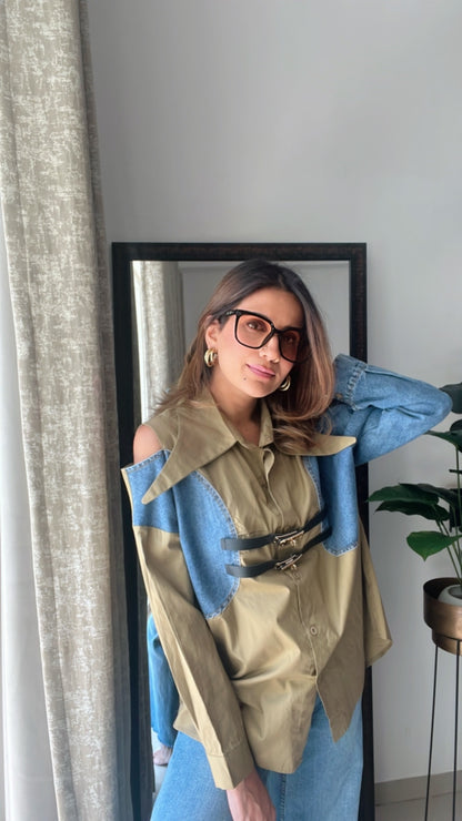Denim Shoulder Cut Belt detailed Poplin Shirt
