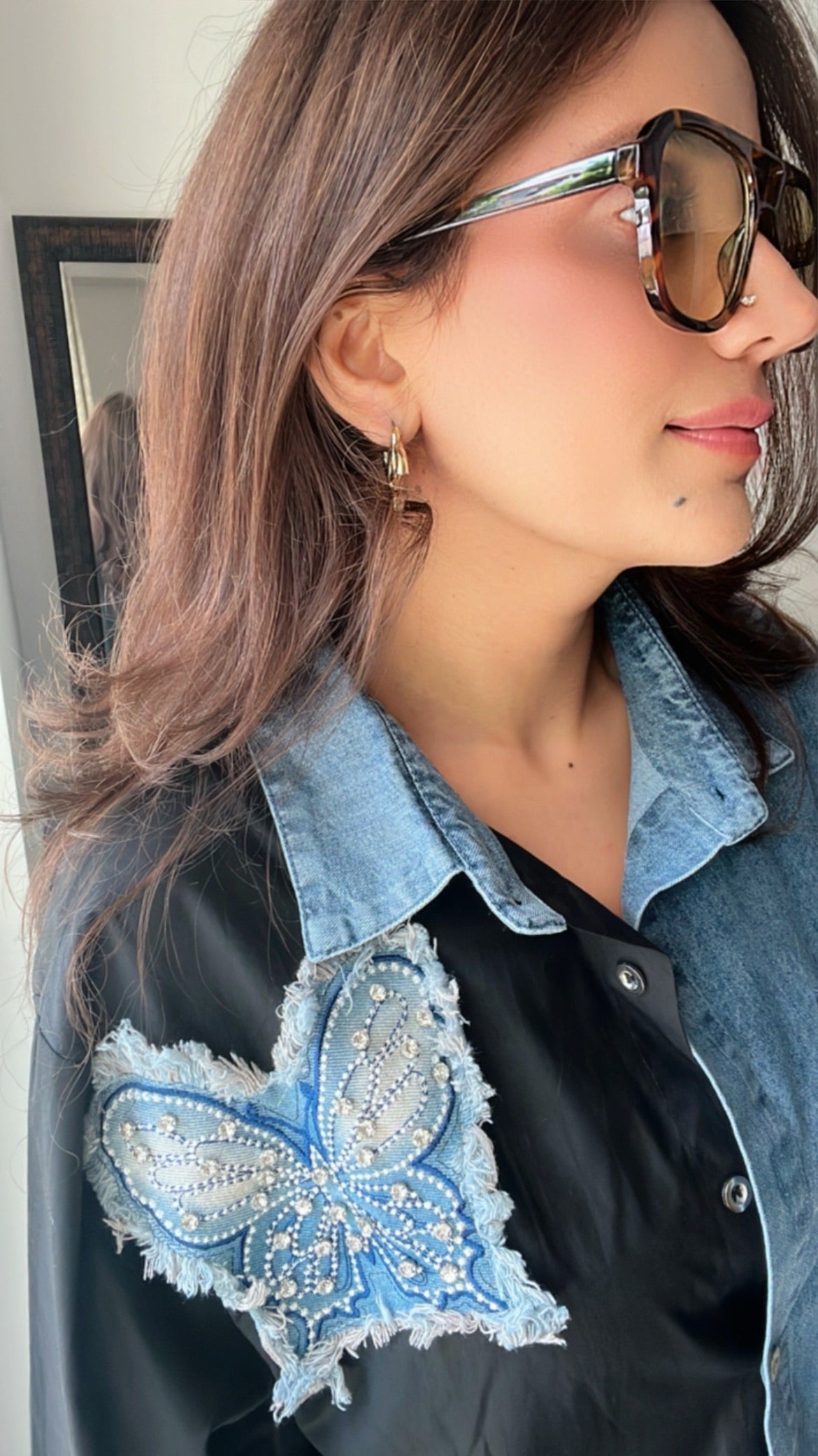 Butterfly Studded Denim Poplin Shirt