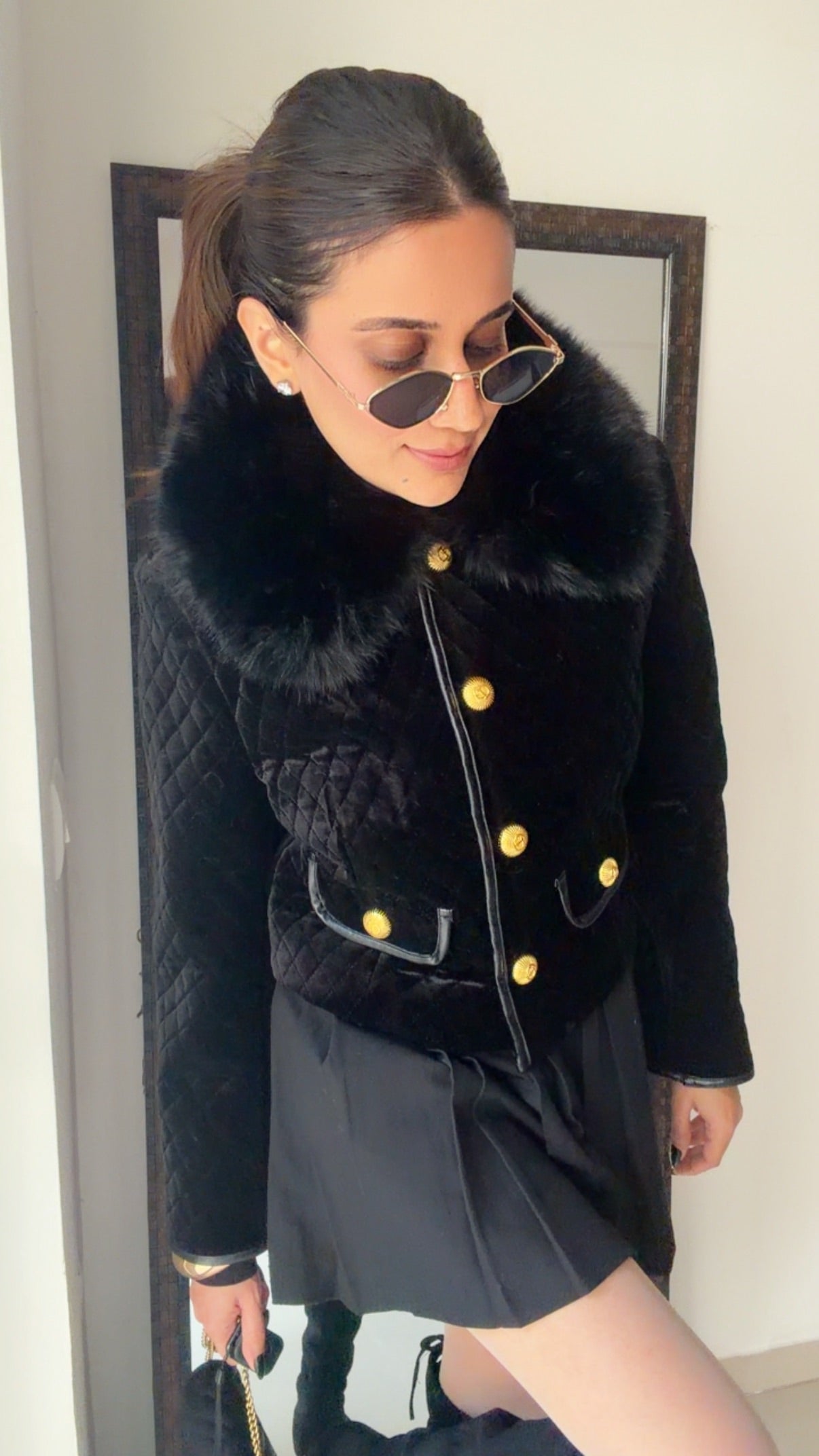 Quilted Fall Velvet Jacket with Faux Fur Collar (Fur Detachable)