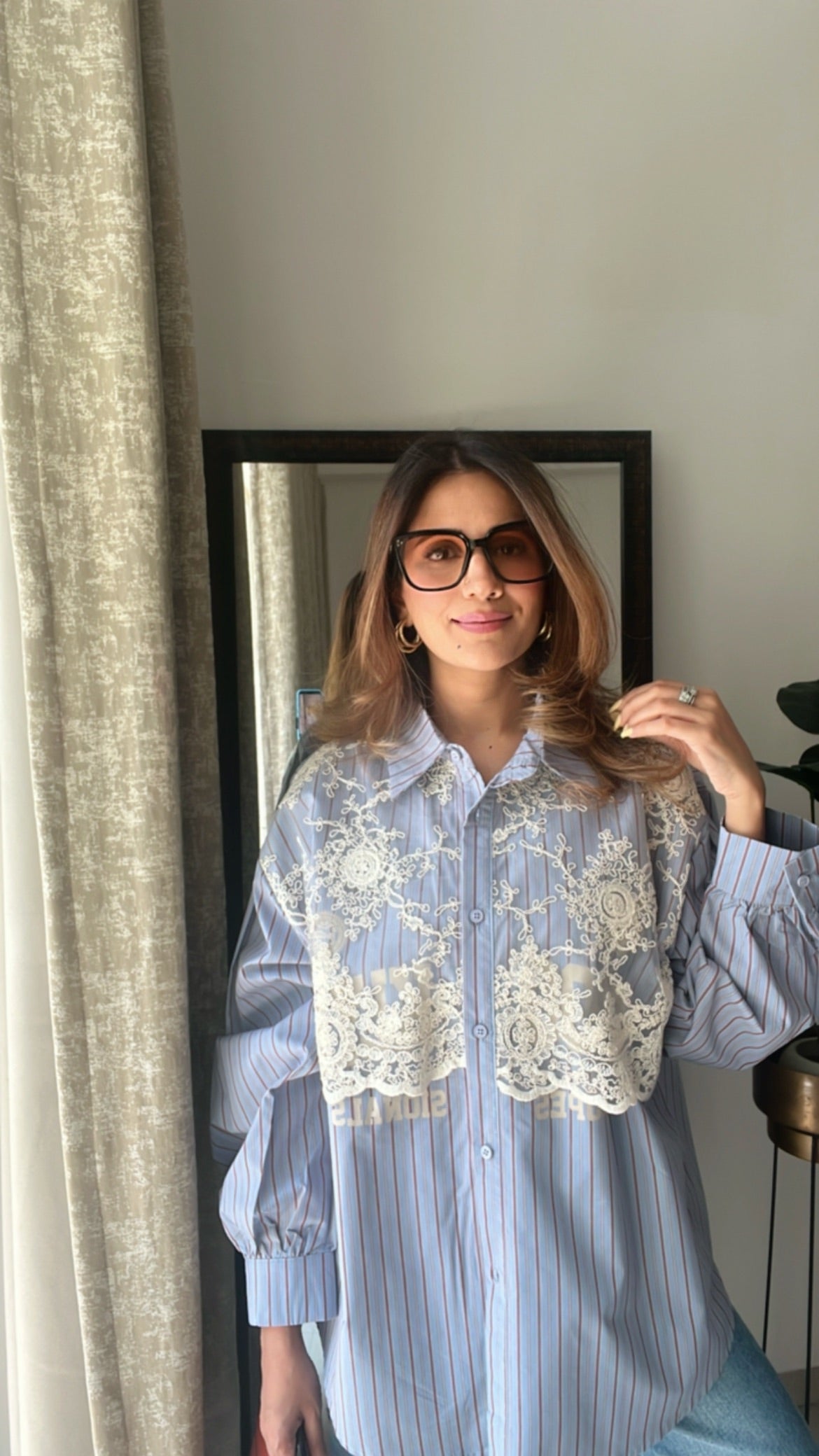 Lace Detailed Oversized Poplin Shirt