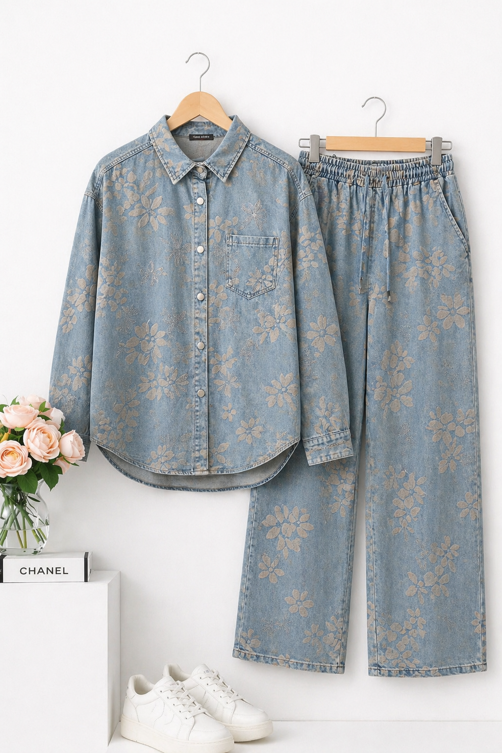 Denim Swarovski Studded Flower Co-ord Set