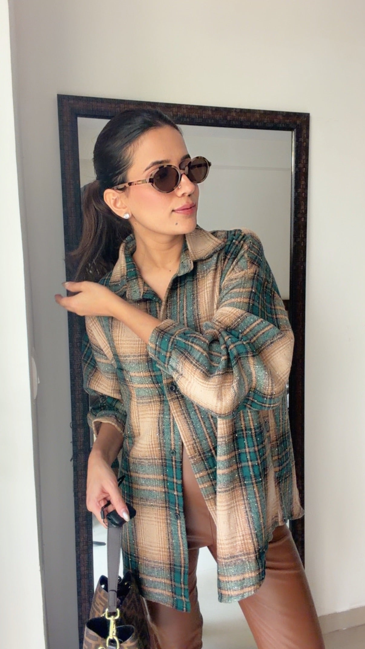 Swarowski Embedded Plaid Fall Shirt