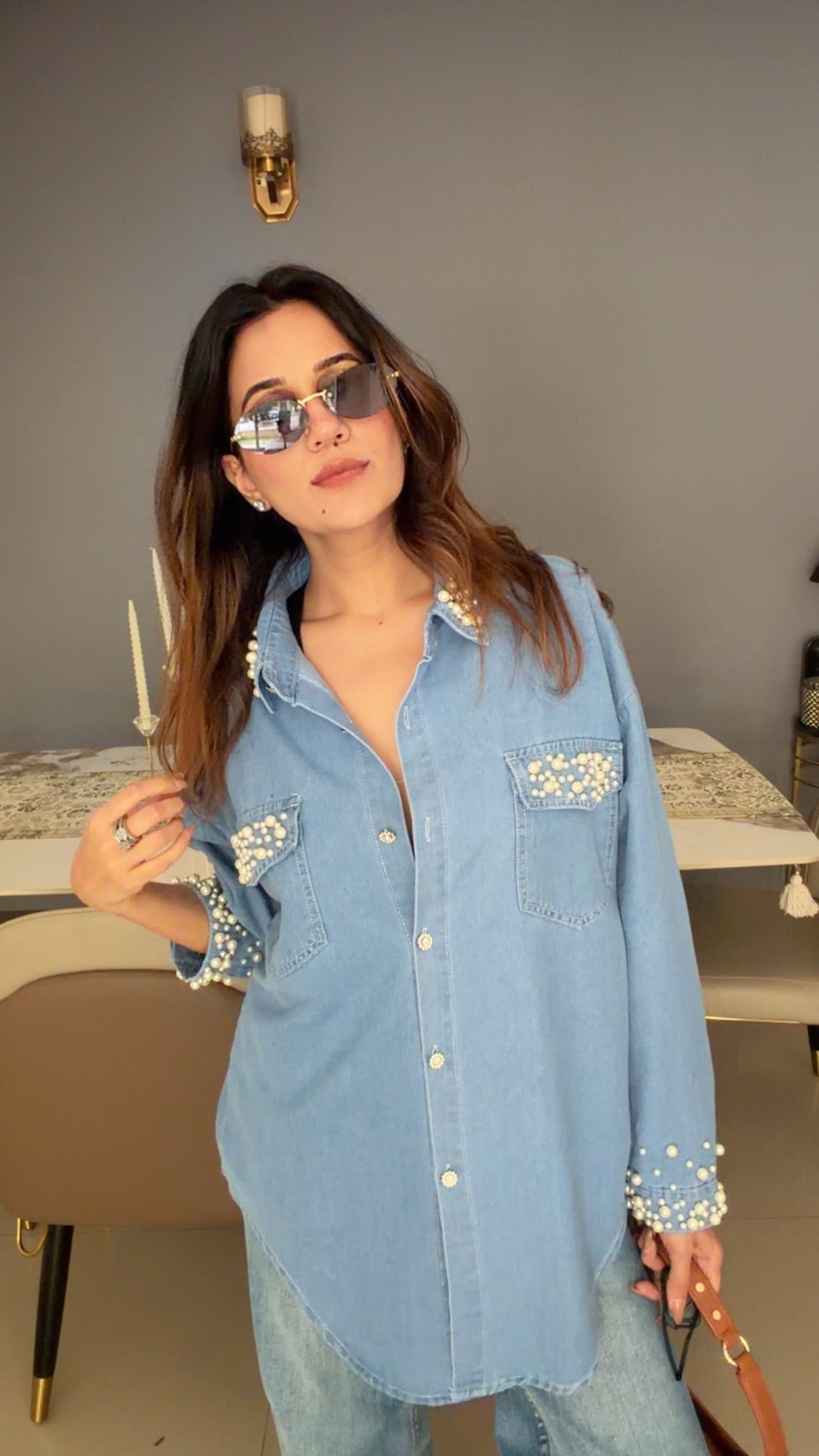 Pearl Embedded Denim Shirt