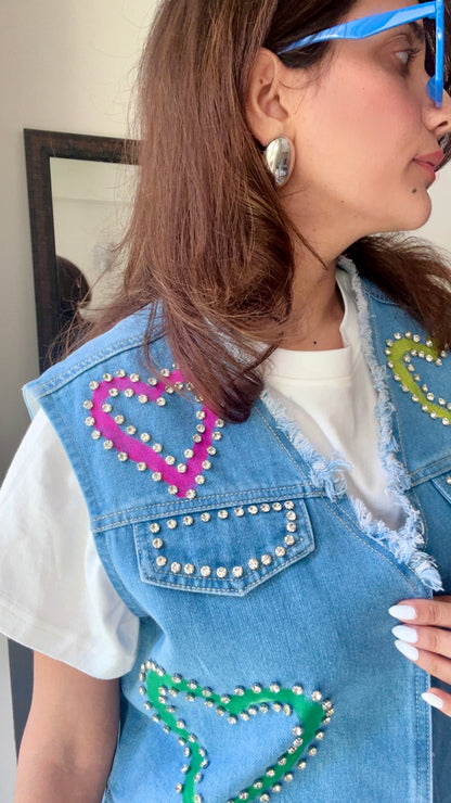 Multi Color Studded Heart Denim Fall Vest
