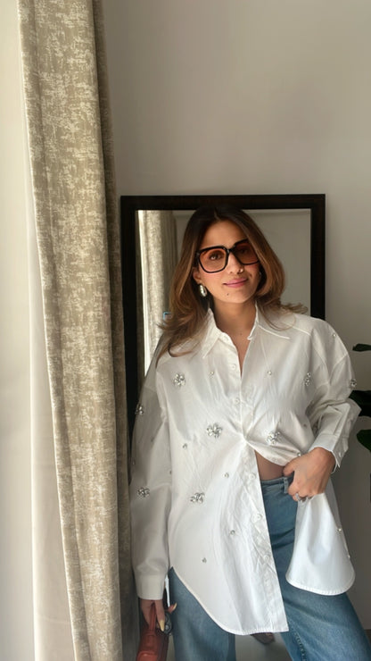 Crystal Studded Oversized Poplin Shirt
